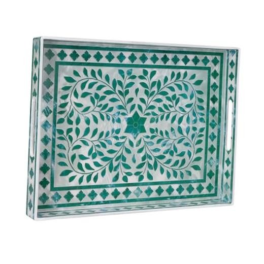 Rectangular Decorative Tray, Plastic Serving 15.7" x 11.8" x 1.6" Floral Green