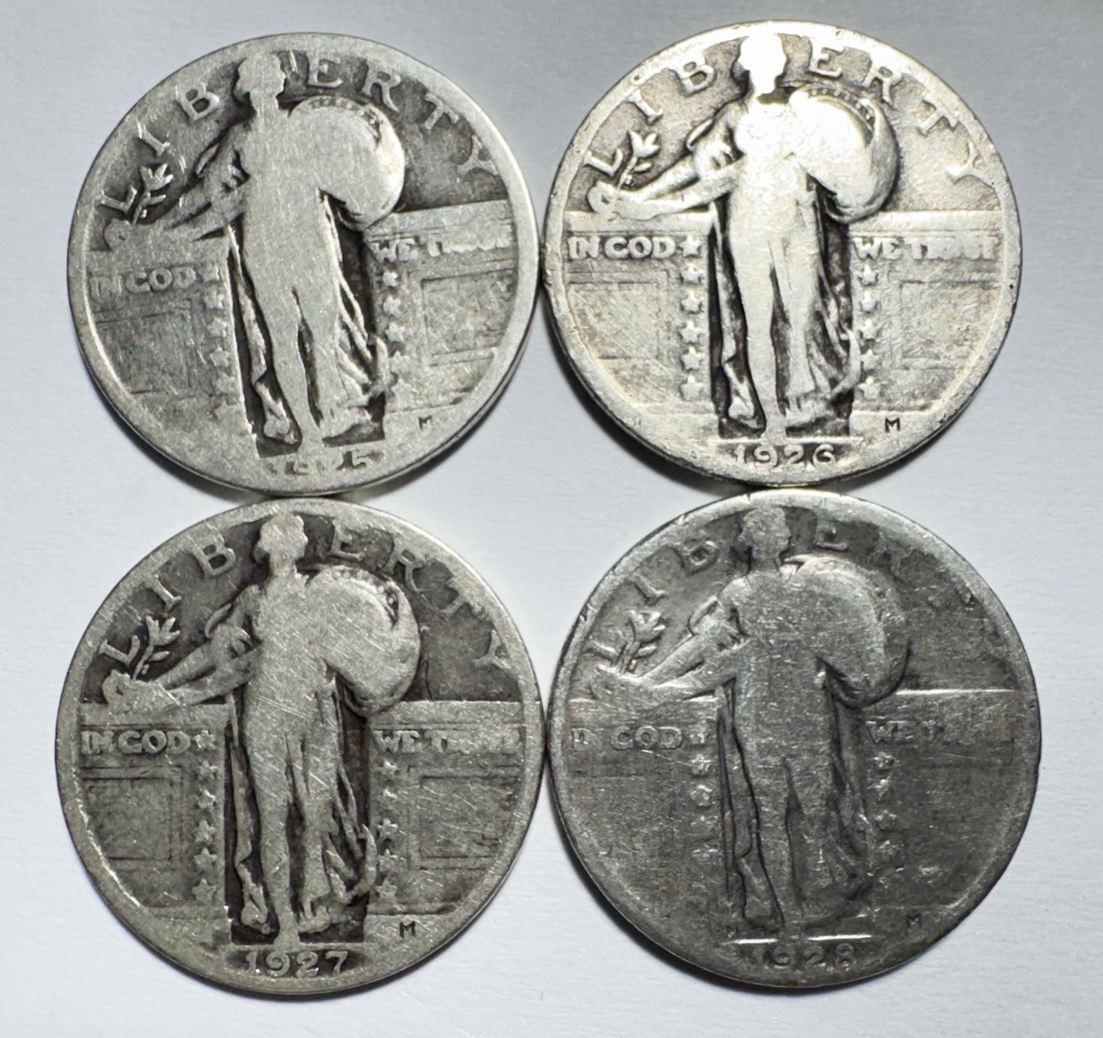 Lot of 4 USA Liberty Standing 90% Silver Quarters, 1925, 1926, 1927, 1928. -1362