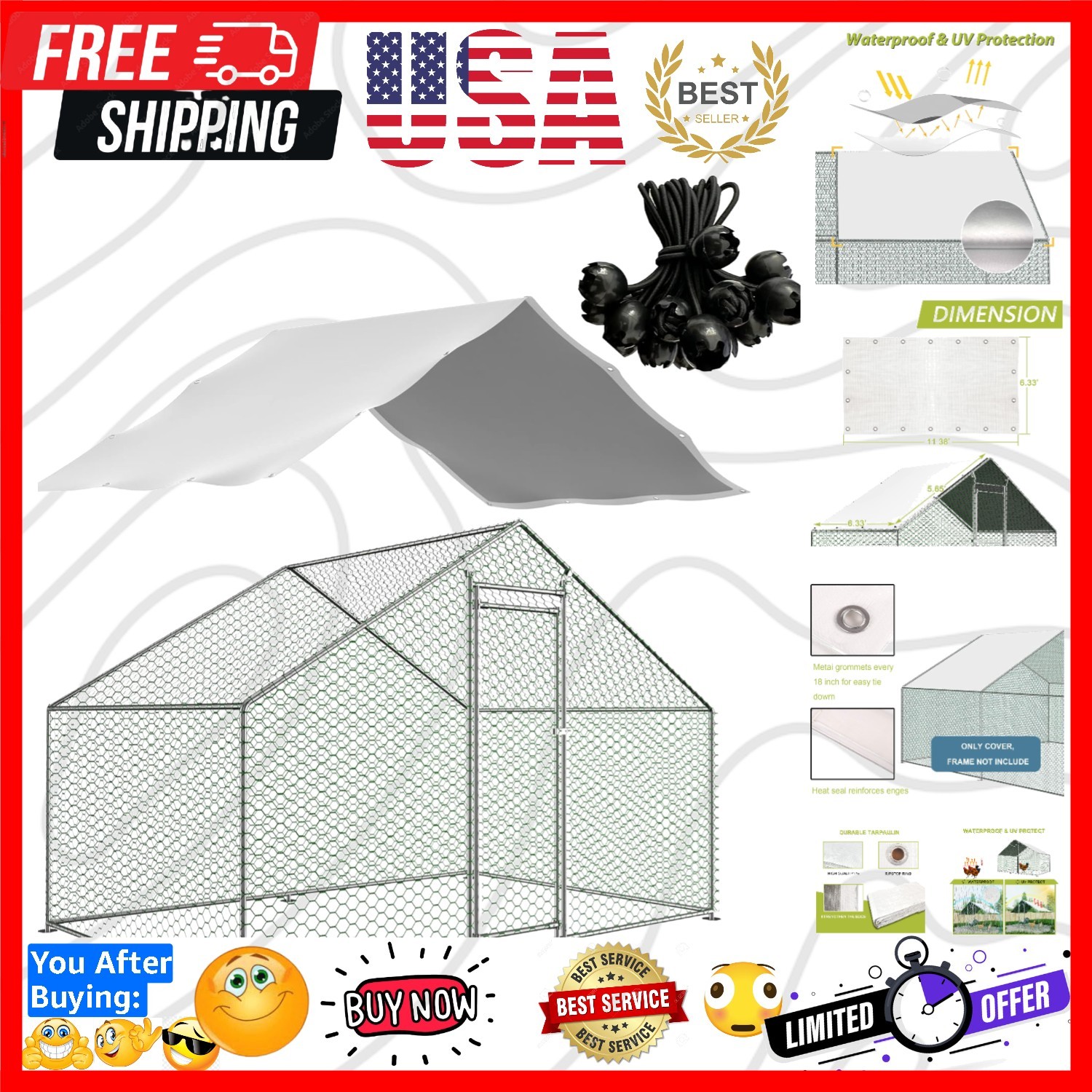 Outdoor Metal Chicken Coop Cover with 22 pcs Ball Bungee Cords, for Large Wal...