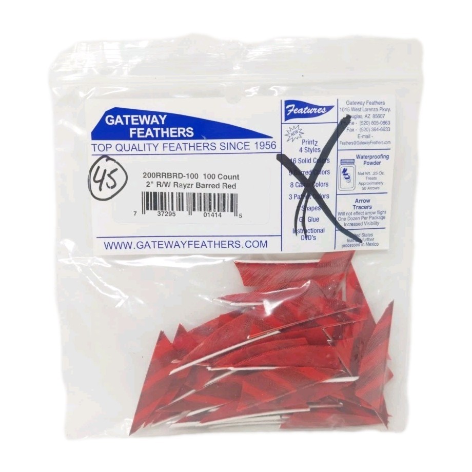45 Count Gateway Feathers 2" Right Wing: Rayzr Barred Red 200RRBRD
