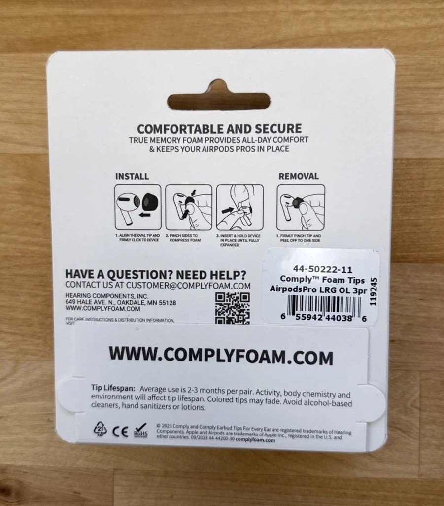 Comply Memory Foam Replacement Earbud Tips For Apple AirPods Pro 1 & 2 Sz Large