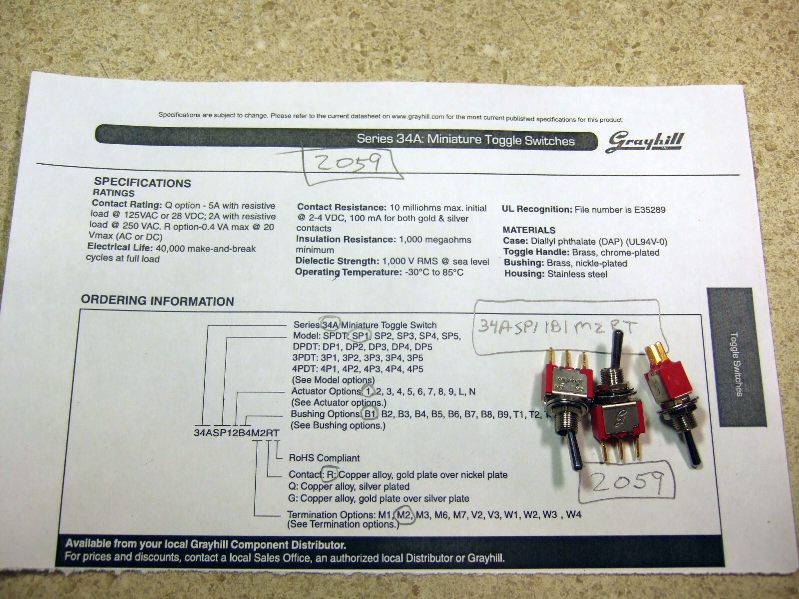 Lot of (5) Grayhill 34ASP11B1M2RT SPDT Toggle Switch - New!