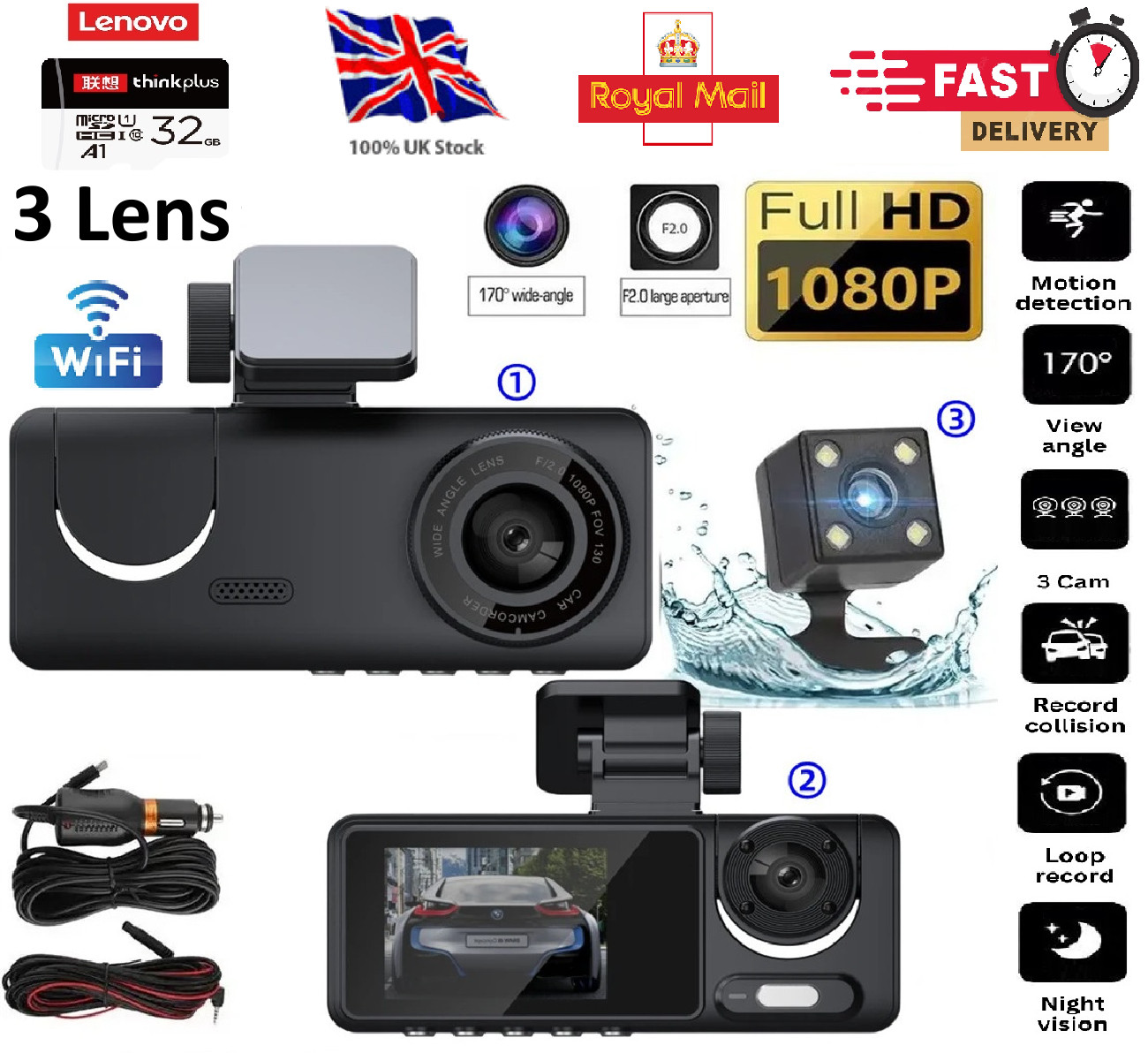 3 Len 1080P WIFI Car Dash Cam Video Record Monitor Night + Lenovo 32G TF SD Card