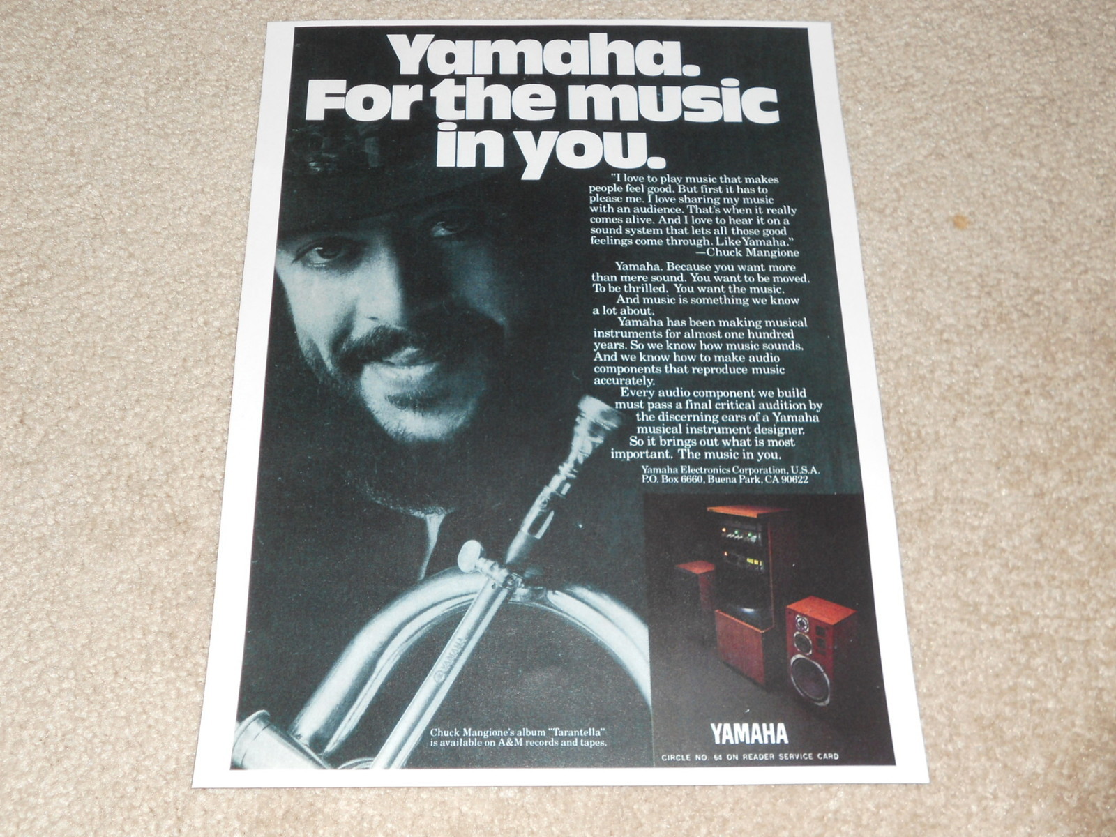 Yamaha Speaker Ad, Chuck Mangione in Ad, Article, 1 pg, 1981