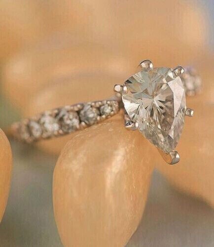 Solid 14K White Gold 2.20Ct Pear Cut White Moissanite Engagement Ring Size 7.5
