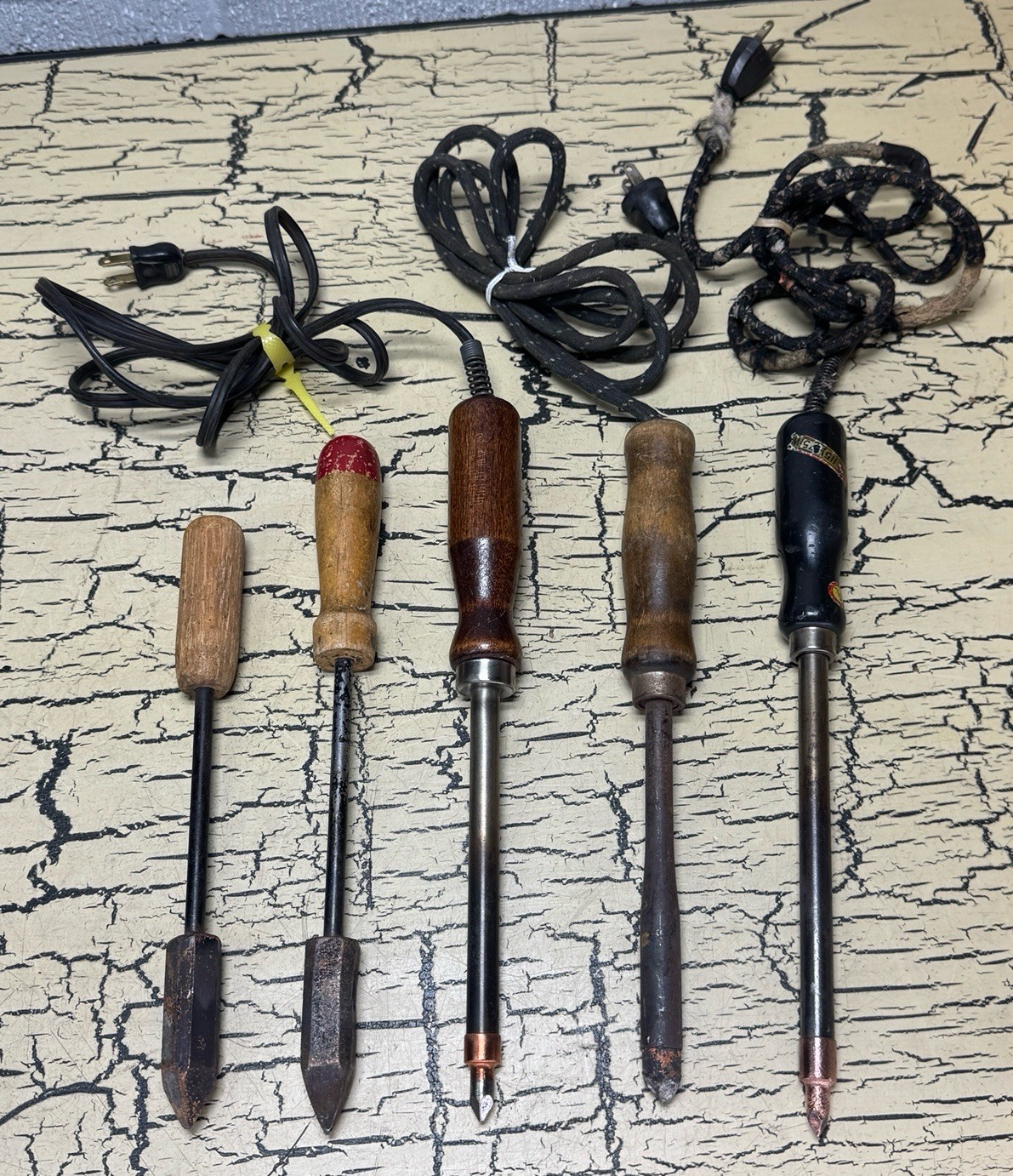 5 VTG Antique Soldering Iron Tool Mixed Lot Marvel Electric Lokton Wood Handle