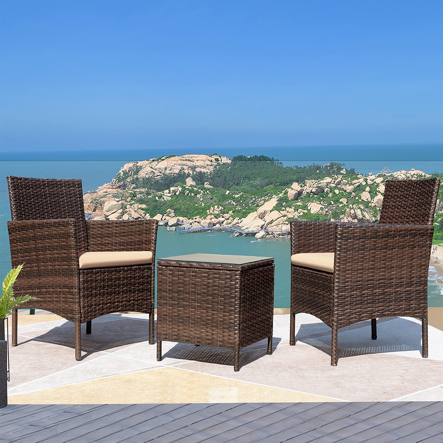 Greesum 3 Pieces Patio Furniture Sets 26.6x12.1x19.3 inches, Brown and Beige