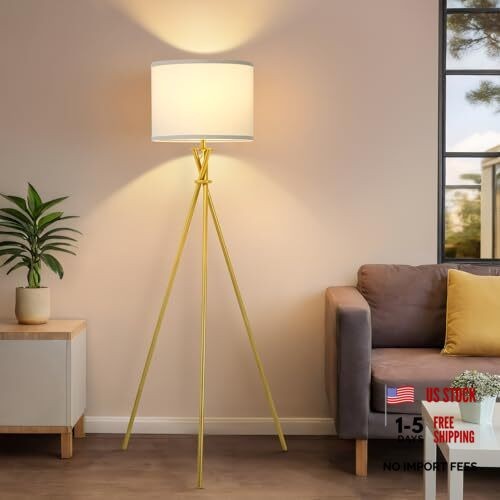 Gold Tripod Floor Lamp, 61”Tall Floor Lamps, Standing Lamp with Gold, White