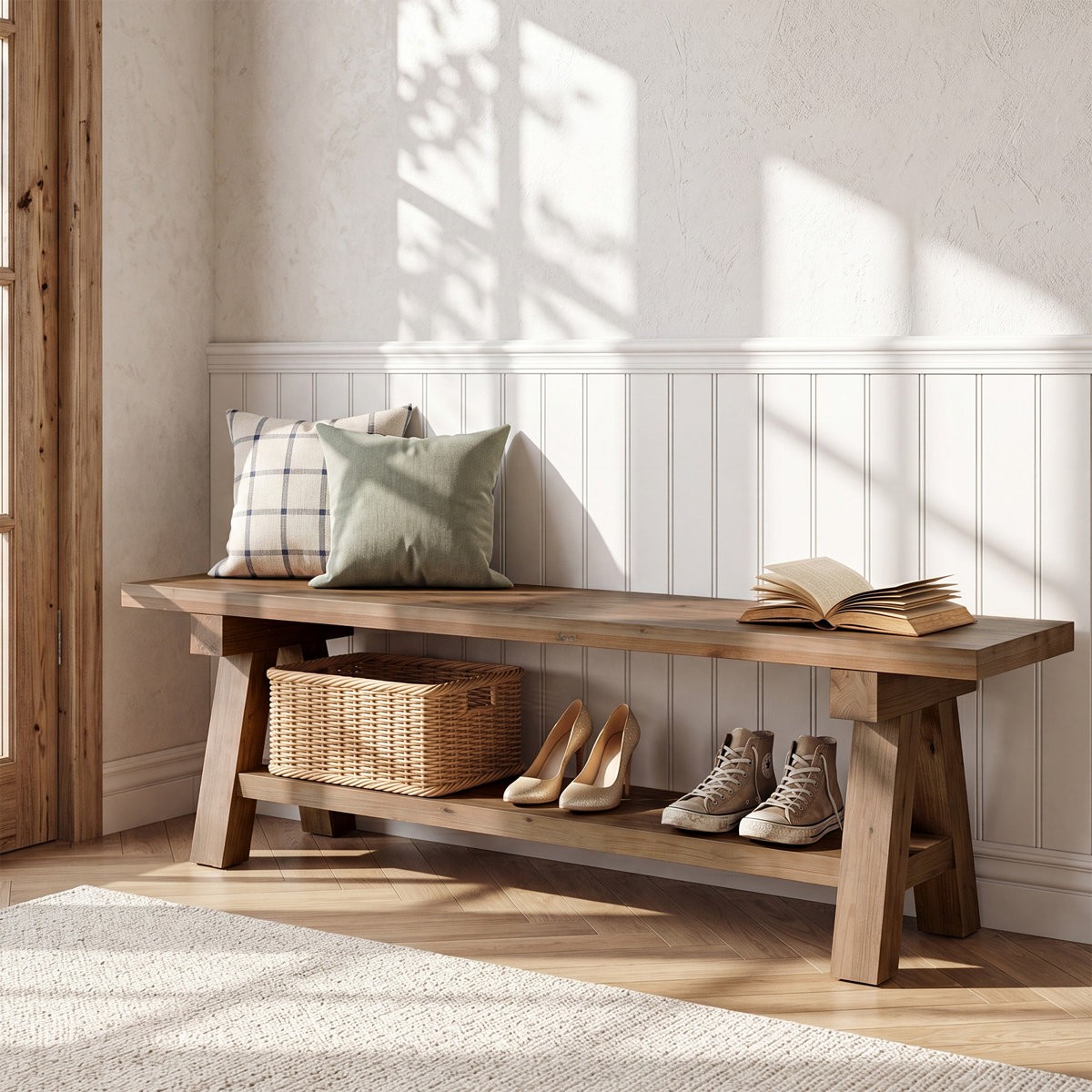 63" Solid Wood Entryway Bench, Dinning Bench with Open Storage for Dining Room