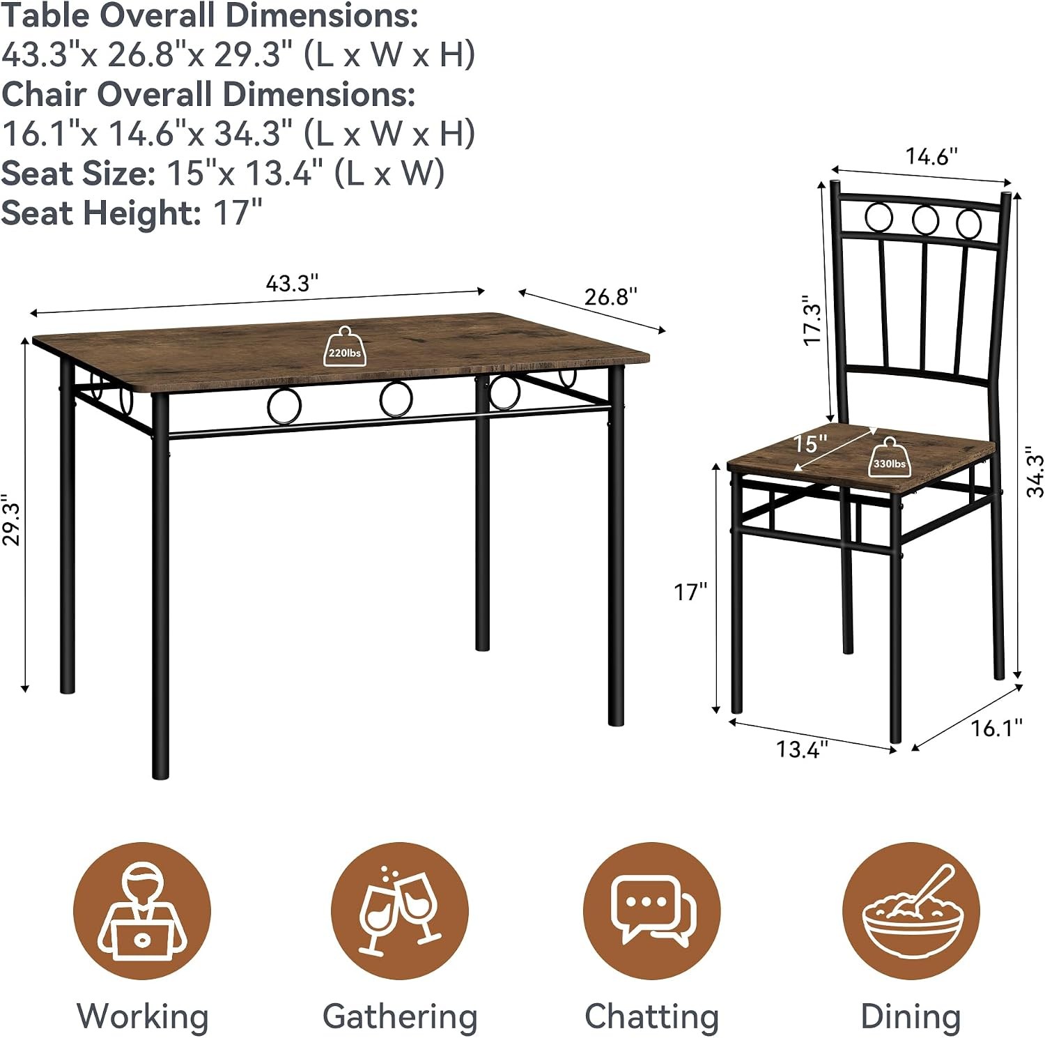 Dining Table Set for 4 5-Piece Kitchen Table and Chairs Rectangular Dining Room