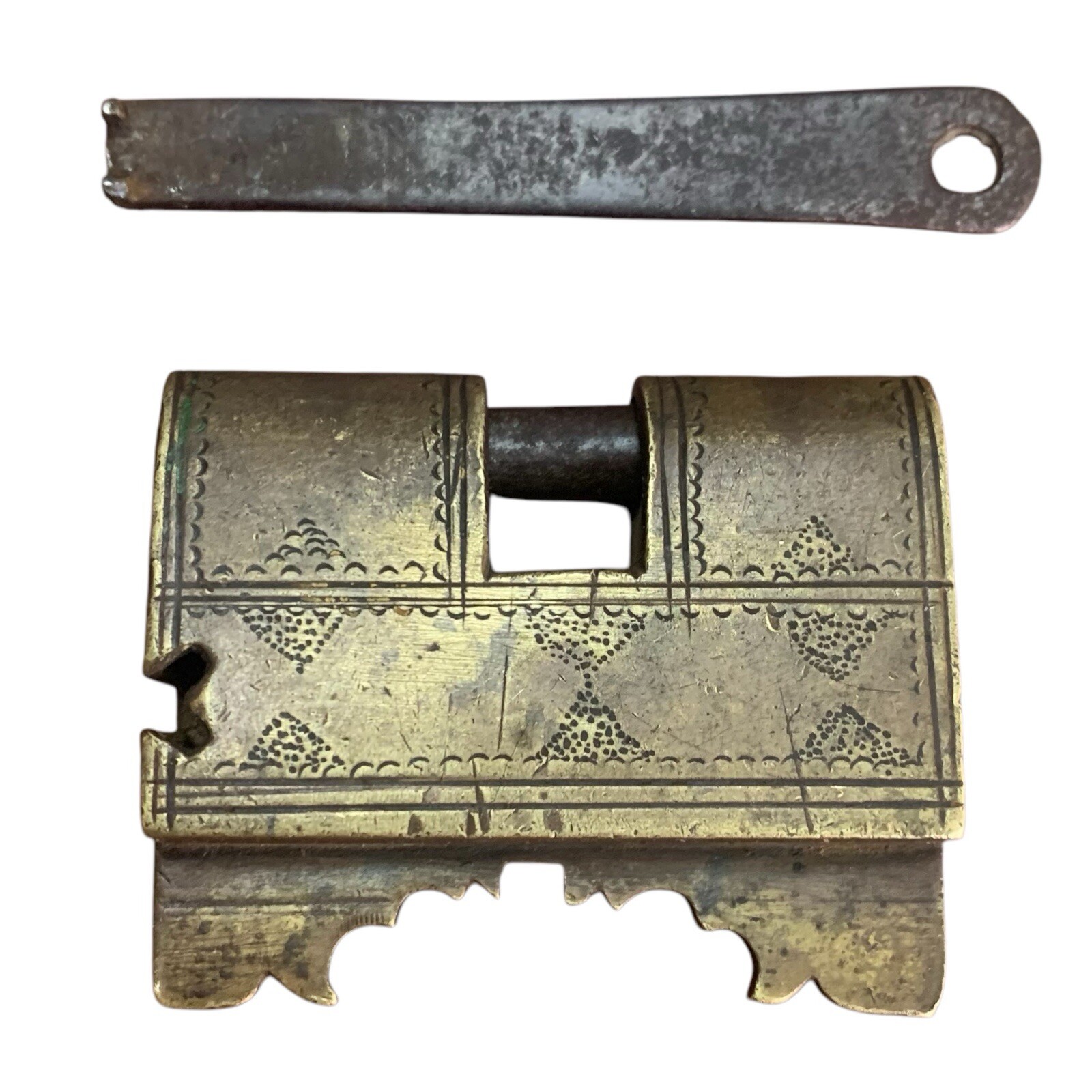18th C Brass padlock or lock with key, barbed spring, old or antique rare shape
