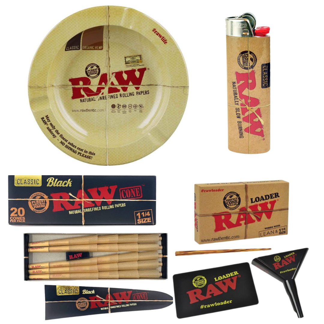 RAW Ashtray + BIC Lighter + RAW Black 1 1/4 Cones 20Ct + Cone Loader