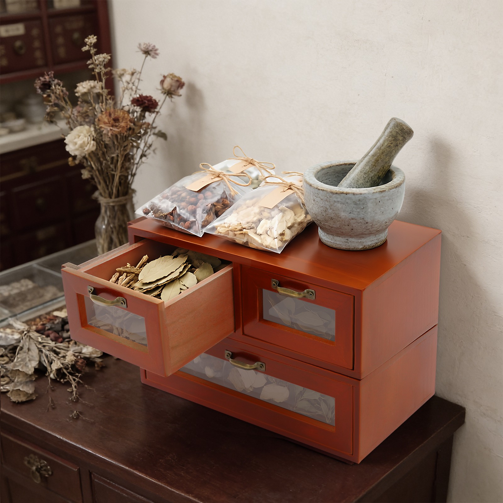 Desktop Storage Cabinet with 3 Drawers Wooden Box Organizer Stackable Brown