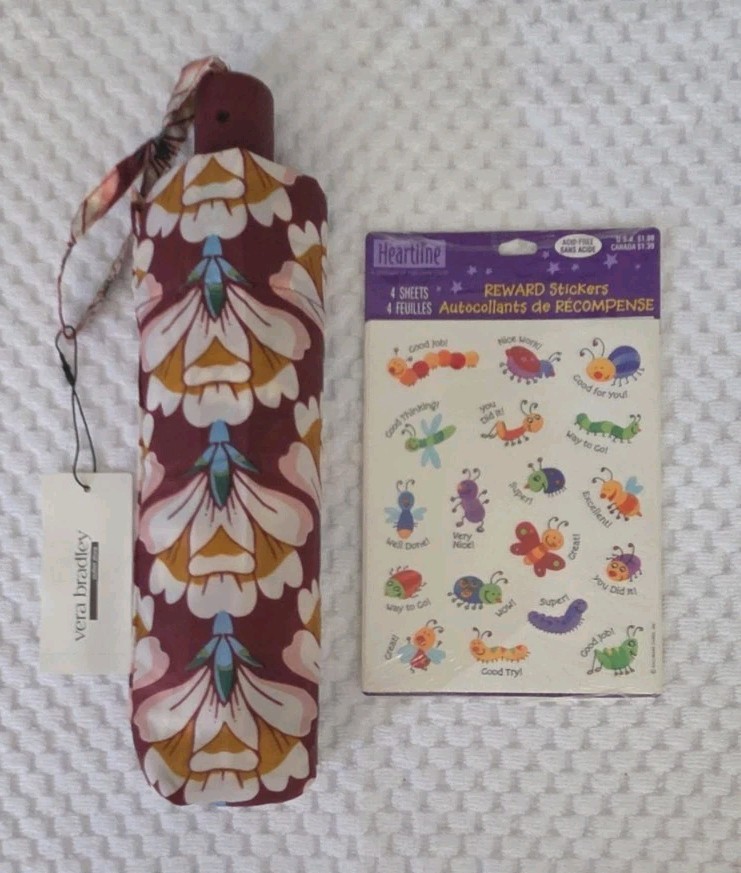 Vera Bradley Umbrella, Lotus Flower Pomegranate,Auto Open/Close;Hallmark Sticker