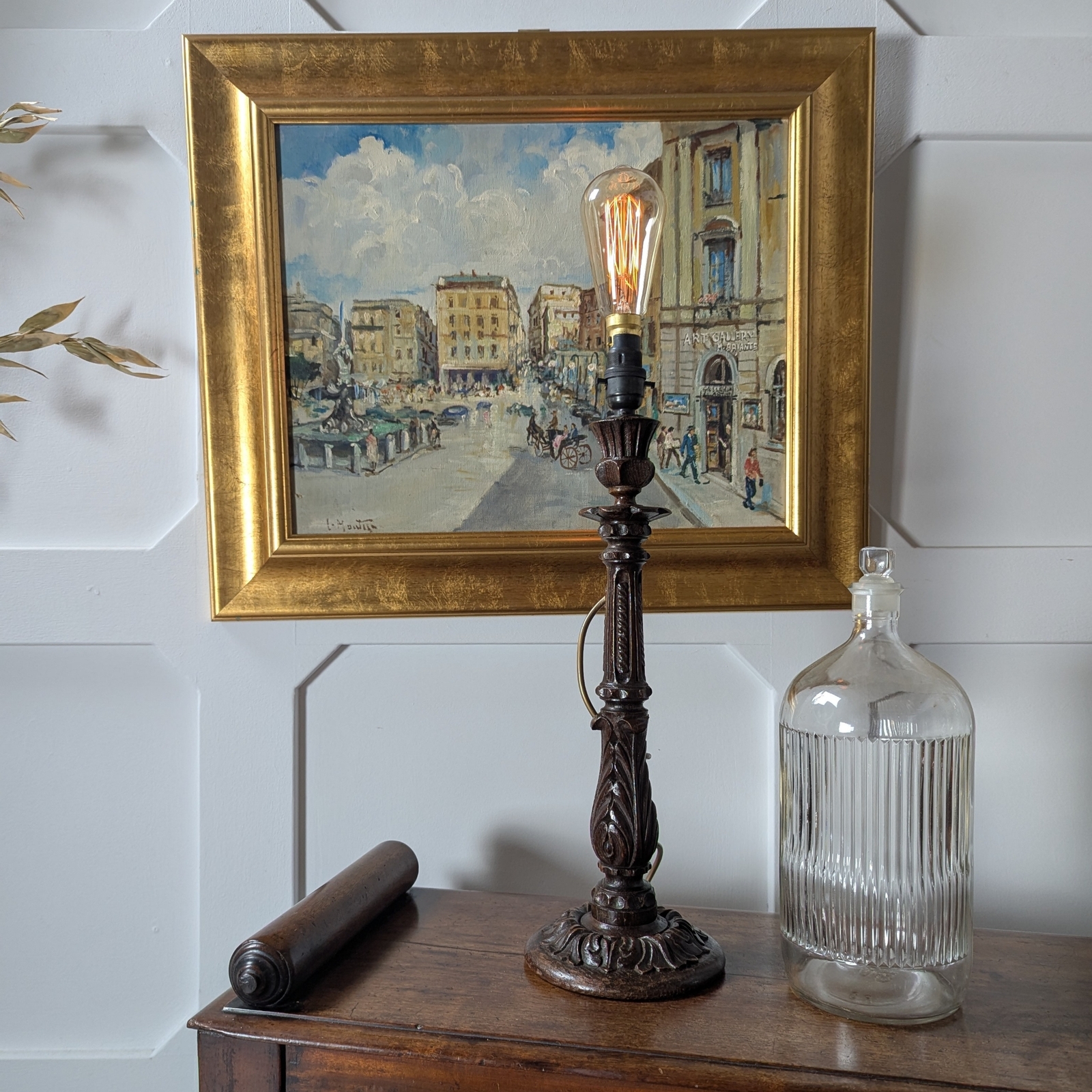 Late Victorian/Early 20th Century Carved Oak Candlestick Lamp