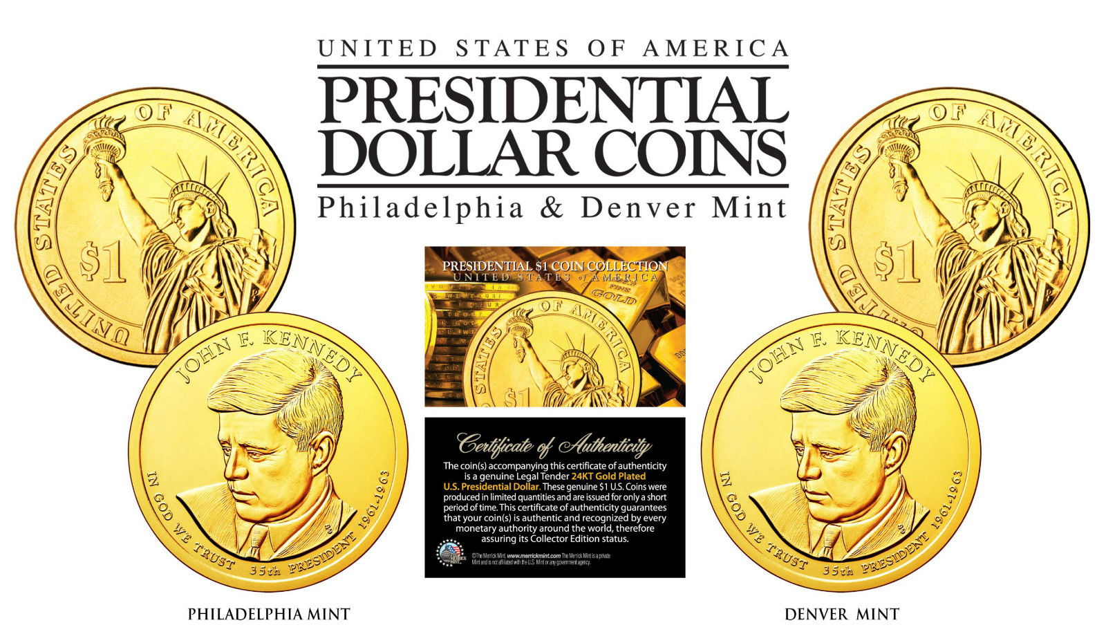 24K Gold Plated JOHN F KENNEDY 2015 Presidential Dollar 2-Coin Set BOTH P&D MINT