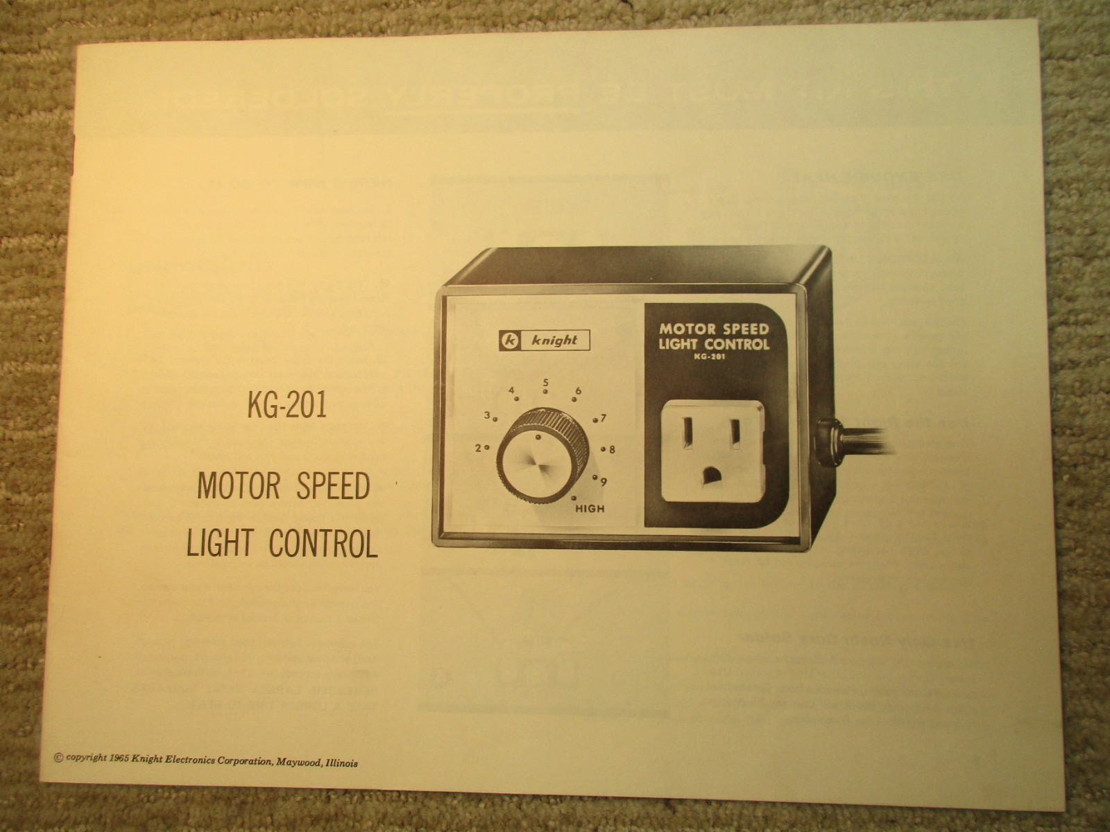 Allied  KnightKit   KG-201 Motor Speed, Light Dimmer Control   Original Manual