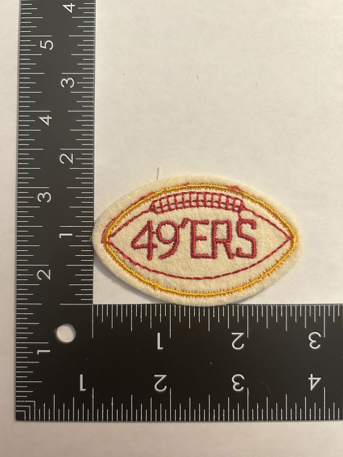 1970s VINTAGE NFL FOOTBALL SHAPED 2.75"  PATCH 49ERS RED TEXT GOLD FOOTBALL