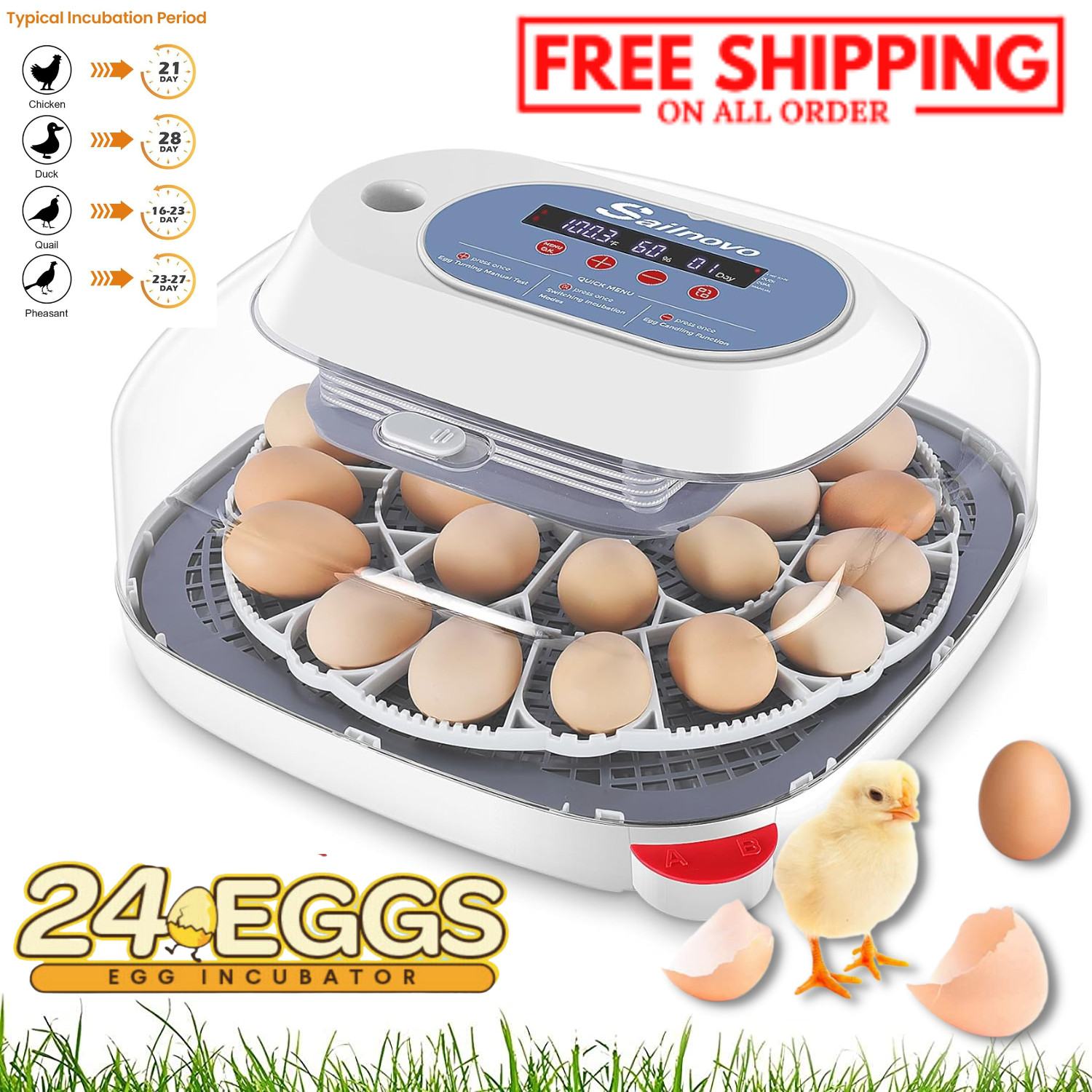 24 Eggs Incubators +Automatic Egg Turning Temperature Control&Humidity Display