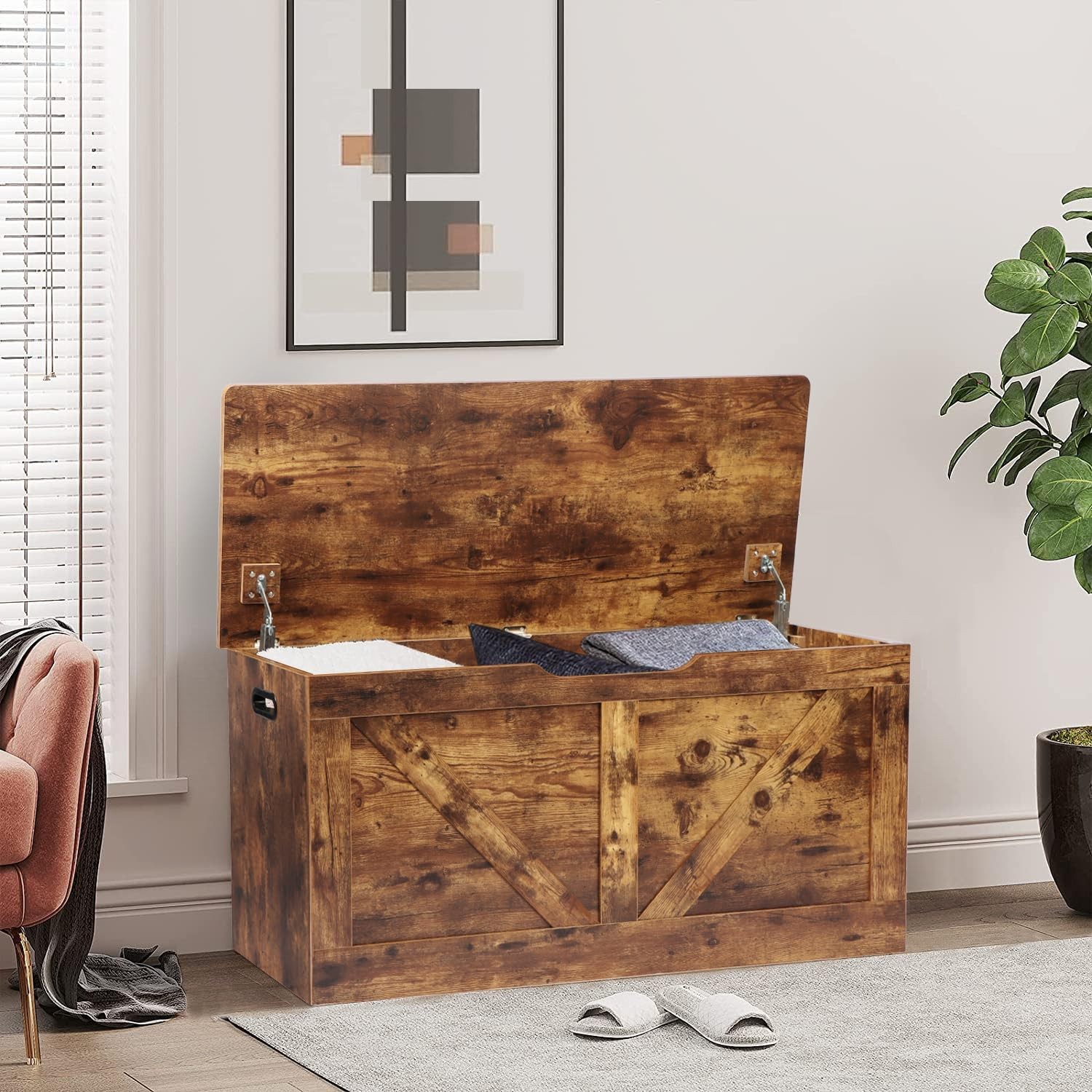 39.4" Storage Chest, Wooden Bench, Large Trunk Rustic Brown