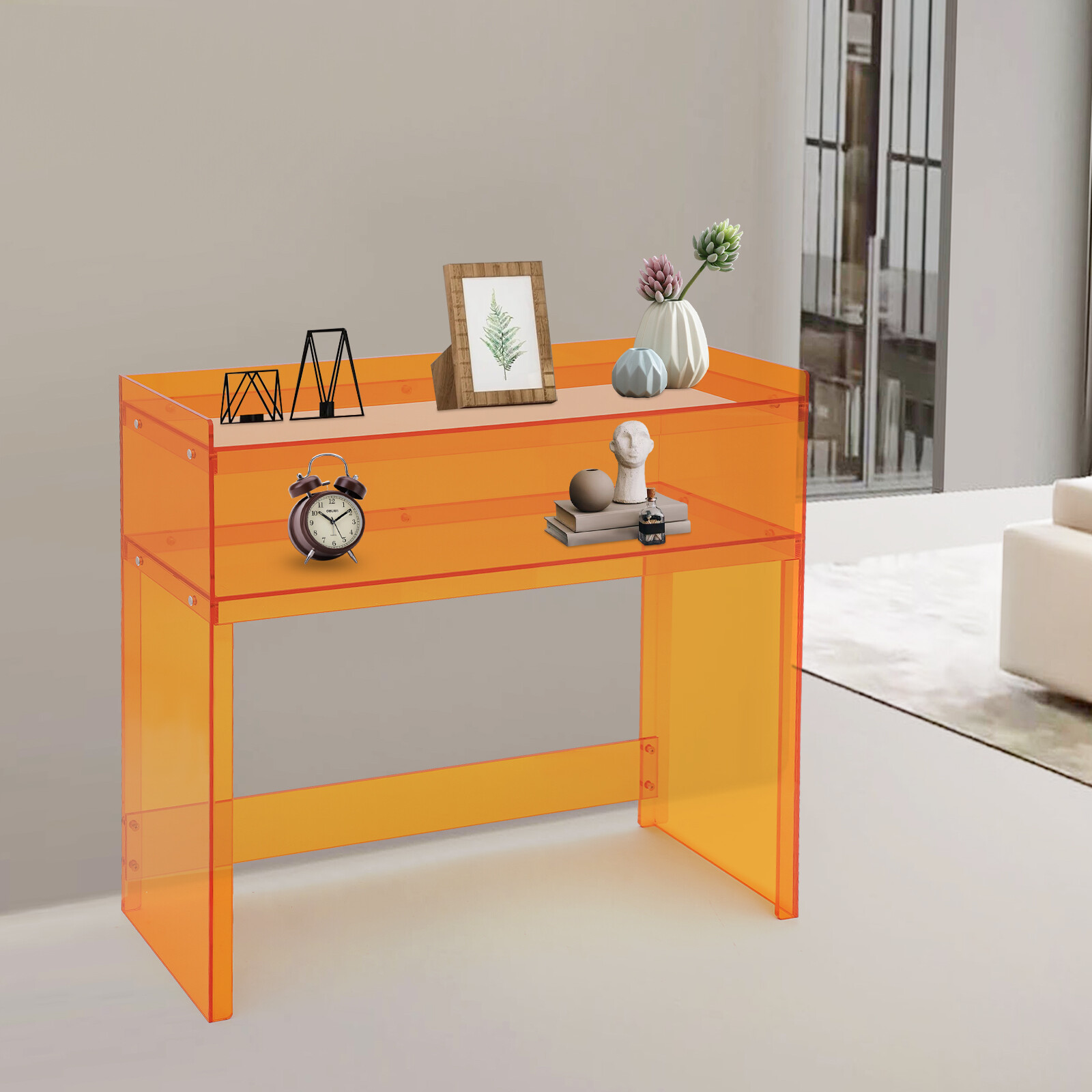 Small Entryway Table 2 Tier Acrylic Table Clear Entry Table Orange 100*30*80cm