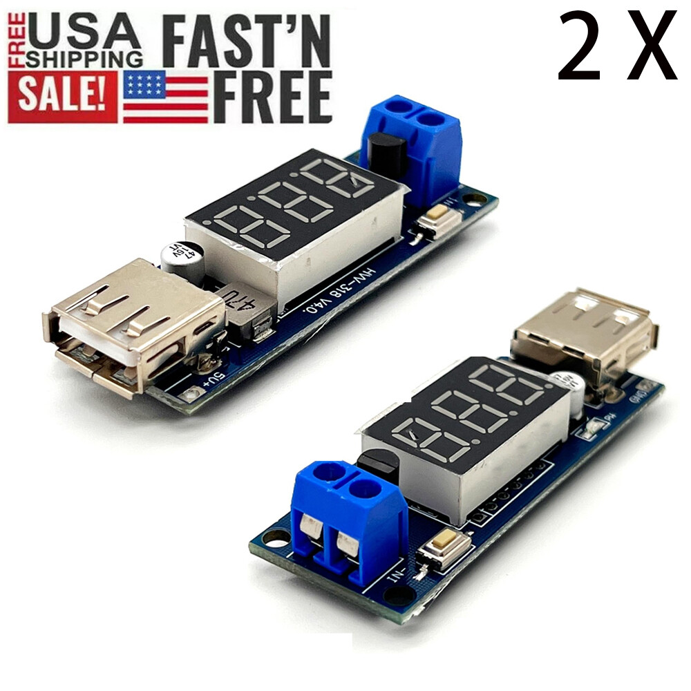 2PCS DC-DC Step Down Buck Converter to 5V USB Module - With Voltmeter