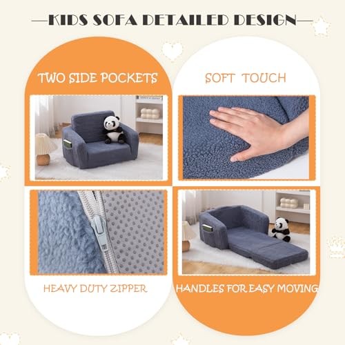 Toddler Baby Chair Couch Sofa Kids Foldable 2-in-1 Sherpa Fold Out Couch Grey