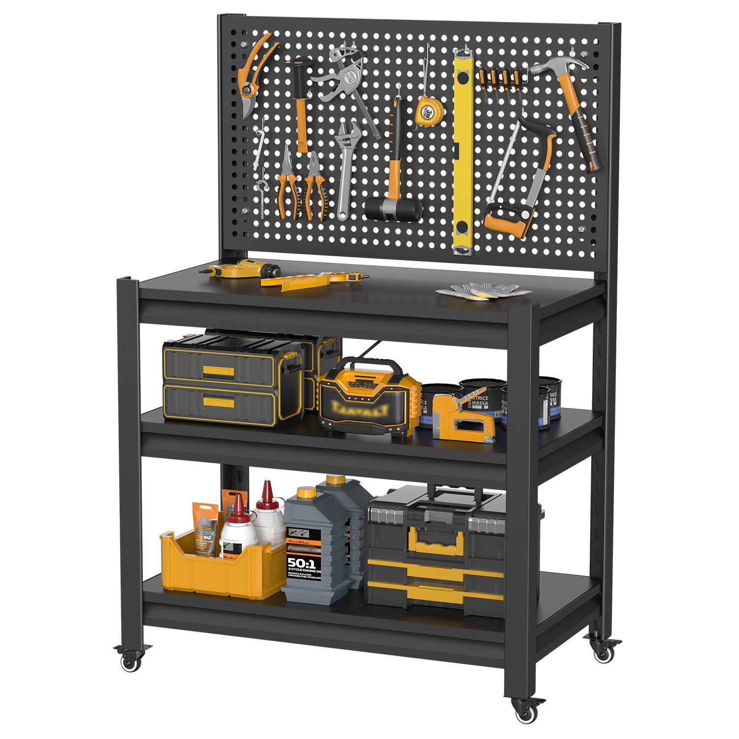 Work Bench with PegboardHeavy Duty3000lbs Capacity Workbench with Wheels Shelves