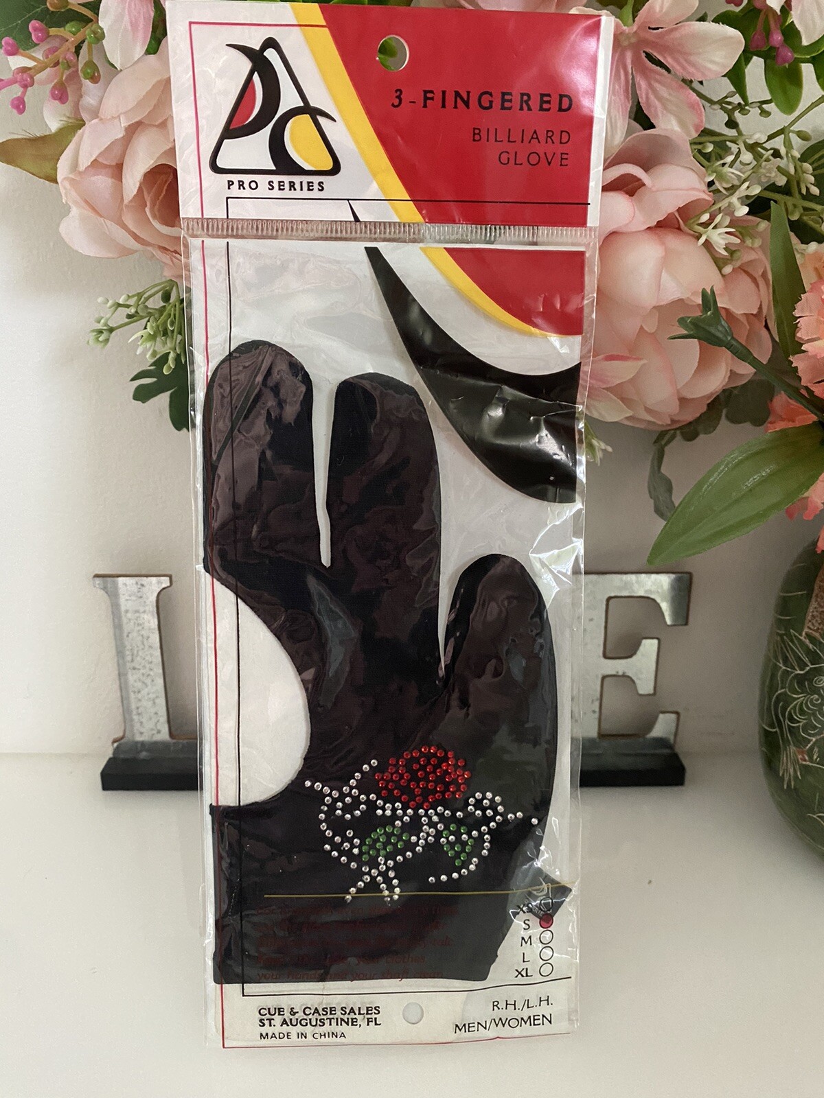 Black Pro Series Rose Motif Pool Cue Glove Full Fingers Breathable Washable Sz S