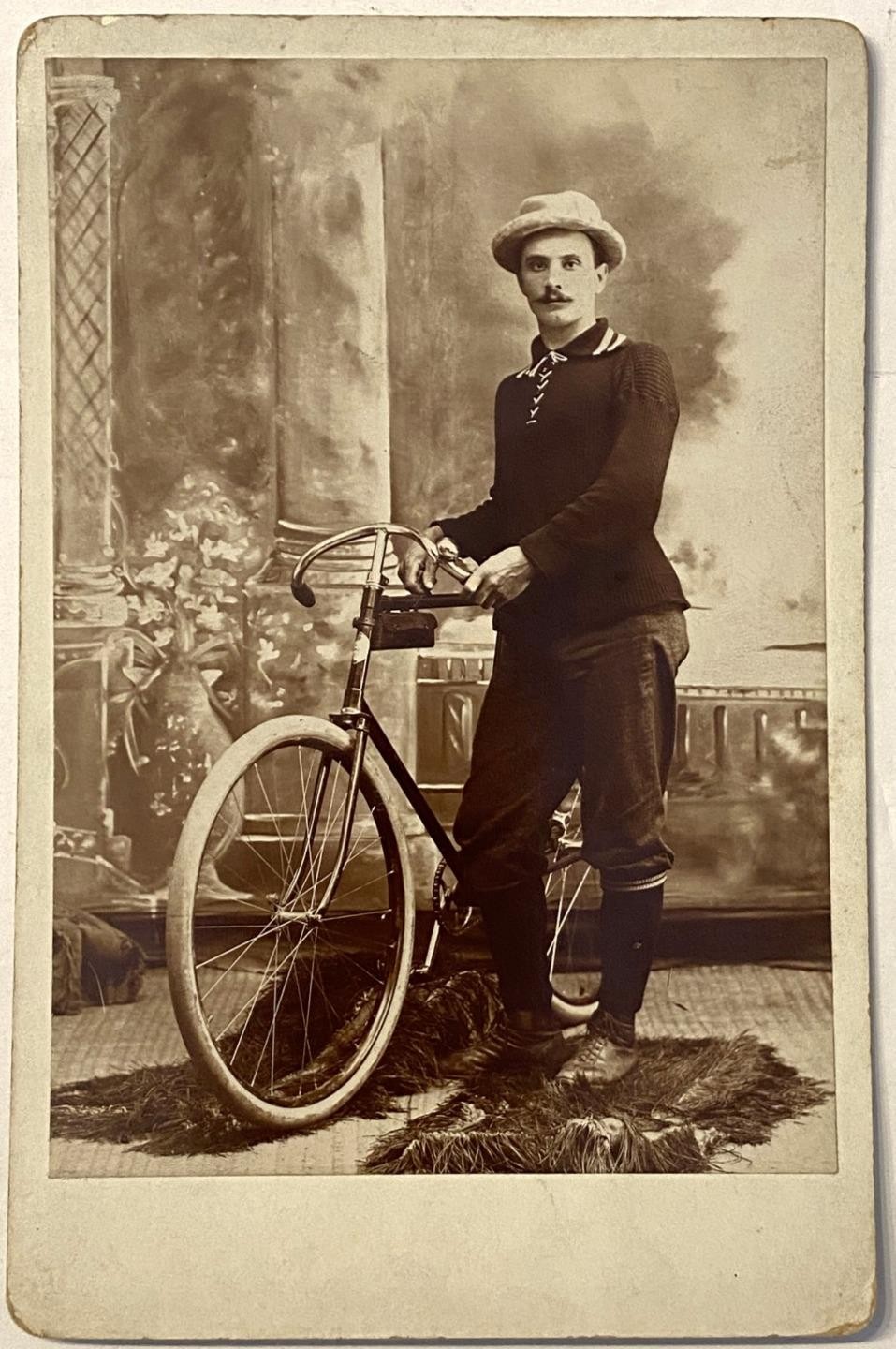 antique cabinet card BICYCLE picture Photograph TOC Man and his bike