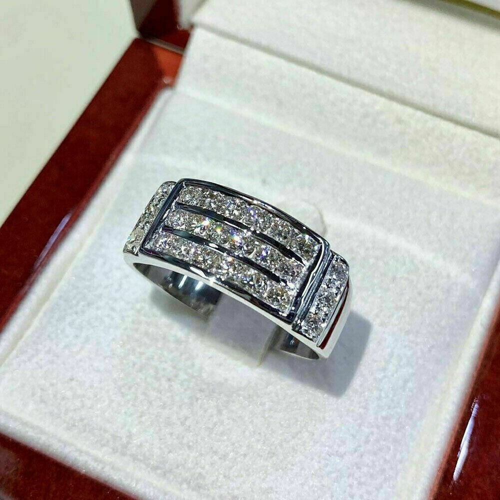 3 CT Round Simulated Diamond Men's Band Engagement Ring 14k White Gold Plated