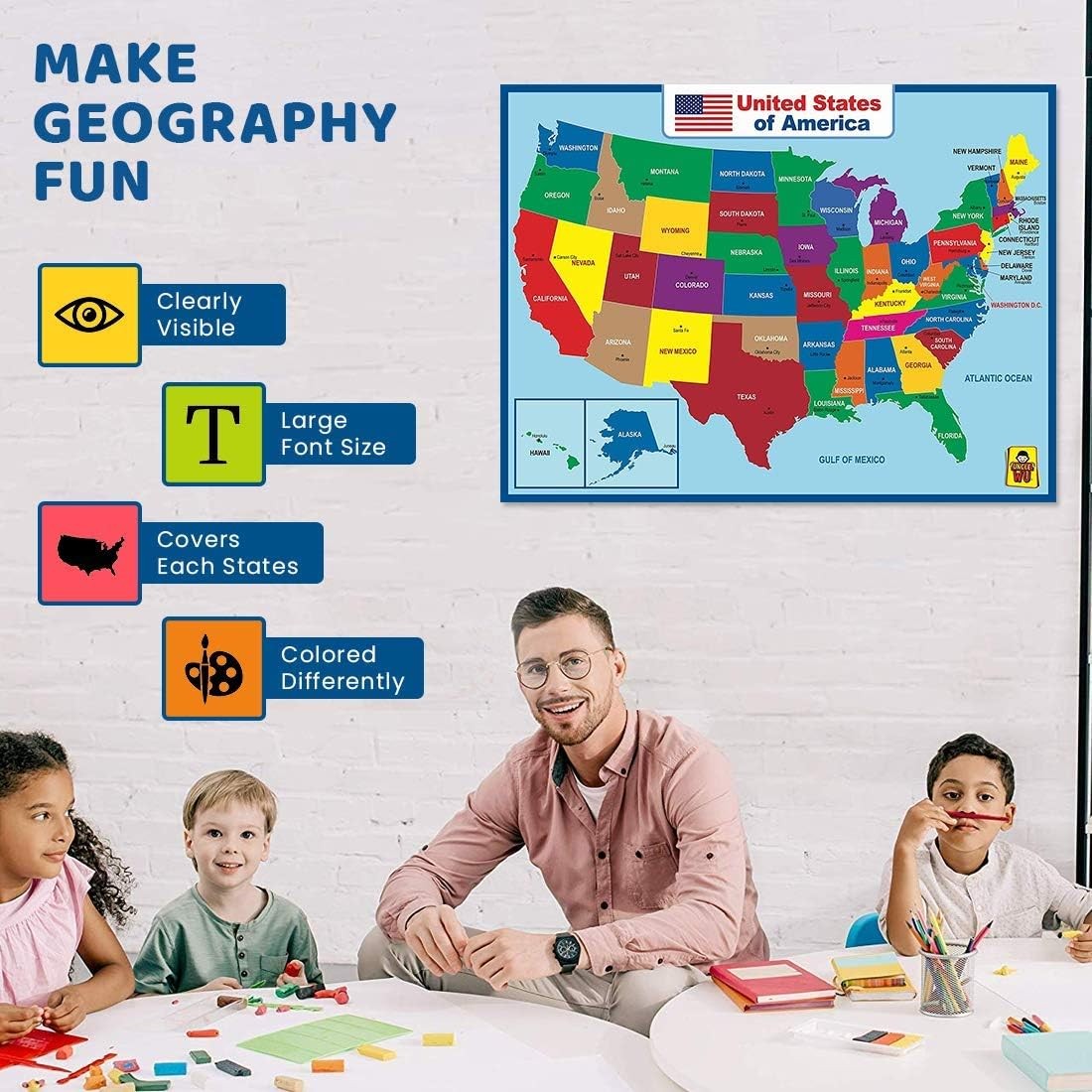 United State Map Laminated Poster -Double Side 18 x 24 Inch, Multicolor