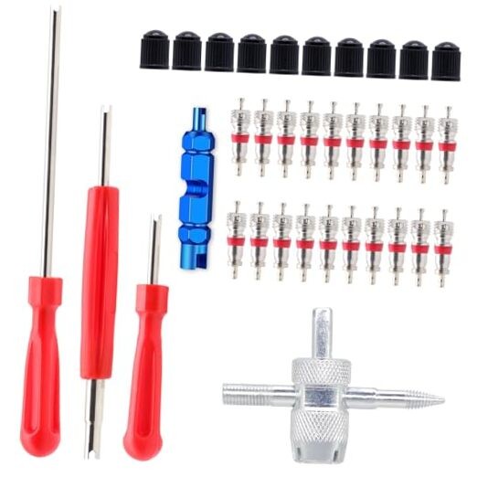 Valve Stem Removal Tool - 20Pcs Valve Cores, 10Pcs Tire Valve Caps, 4-Way Red
