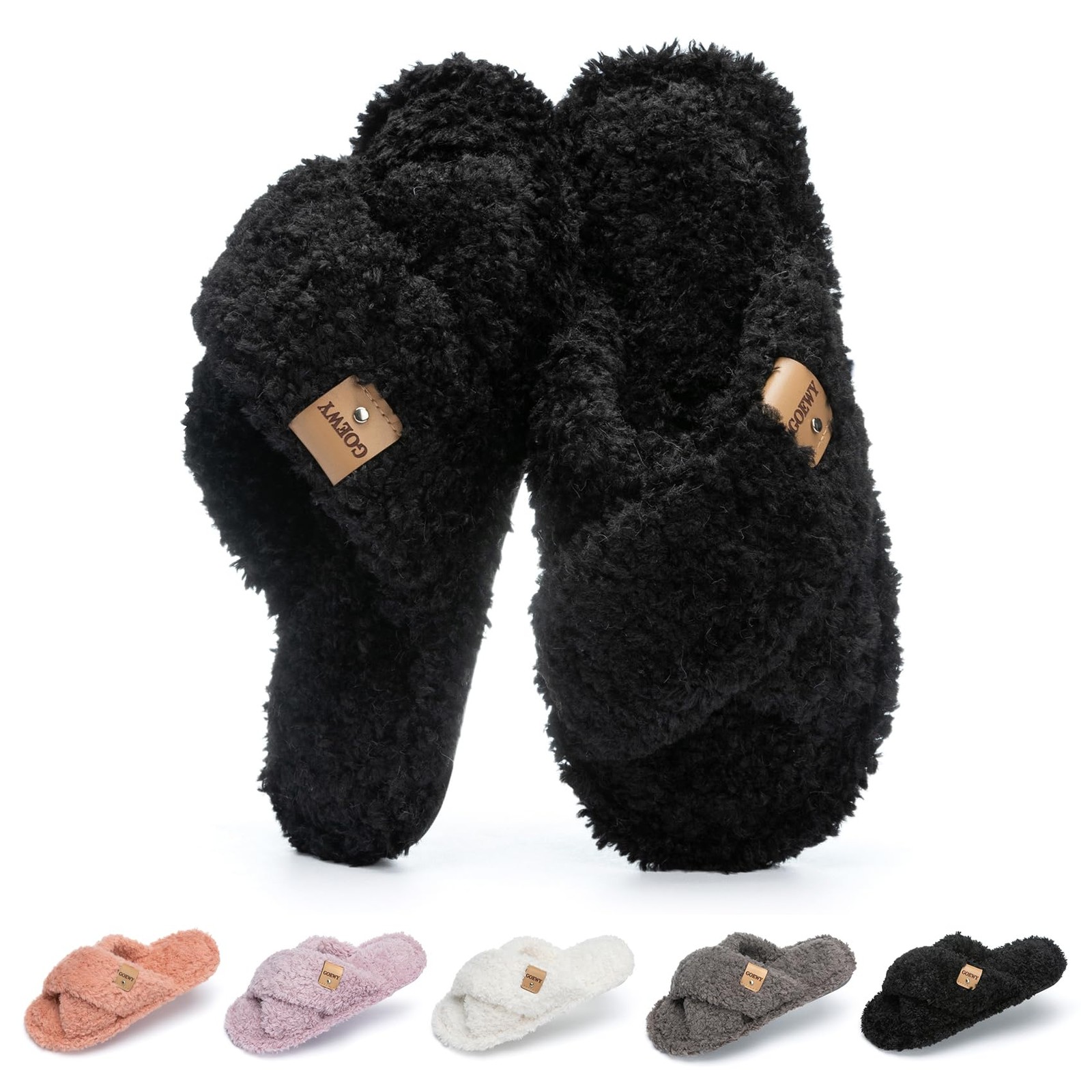 GOEWY Fuzzy Open Toe Slippers for Women Indoor and Outdoor with Memory Foam C...