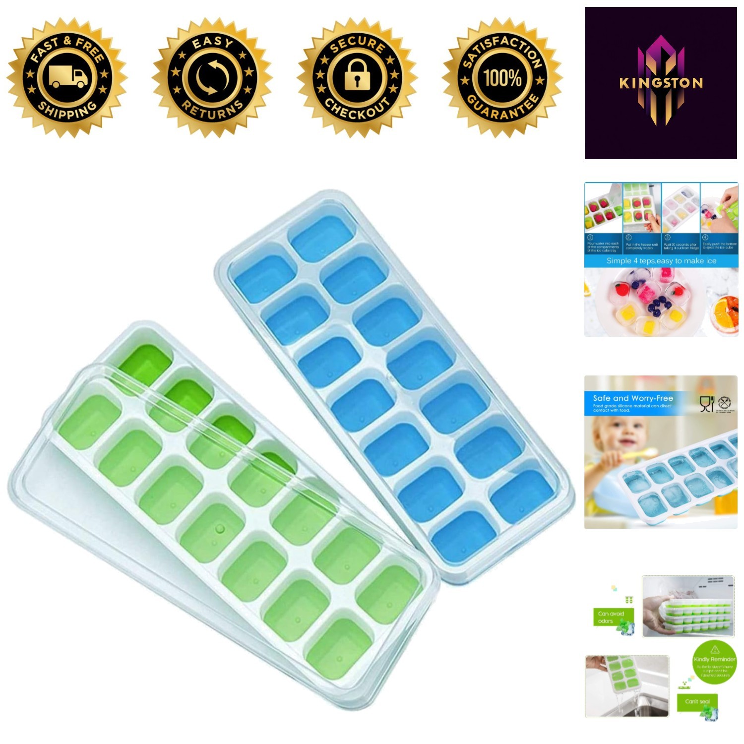 Silicone Ice Cube Trays with Spill-Resistant Lid - Includes 28 Cubes - 2 Pack