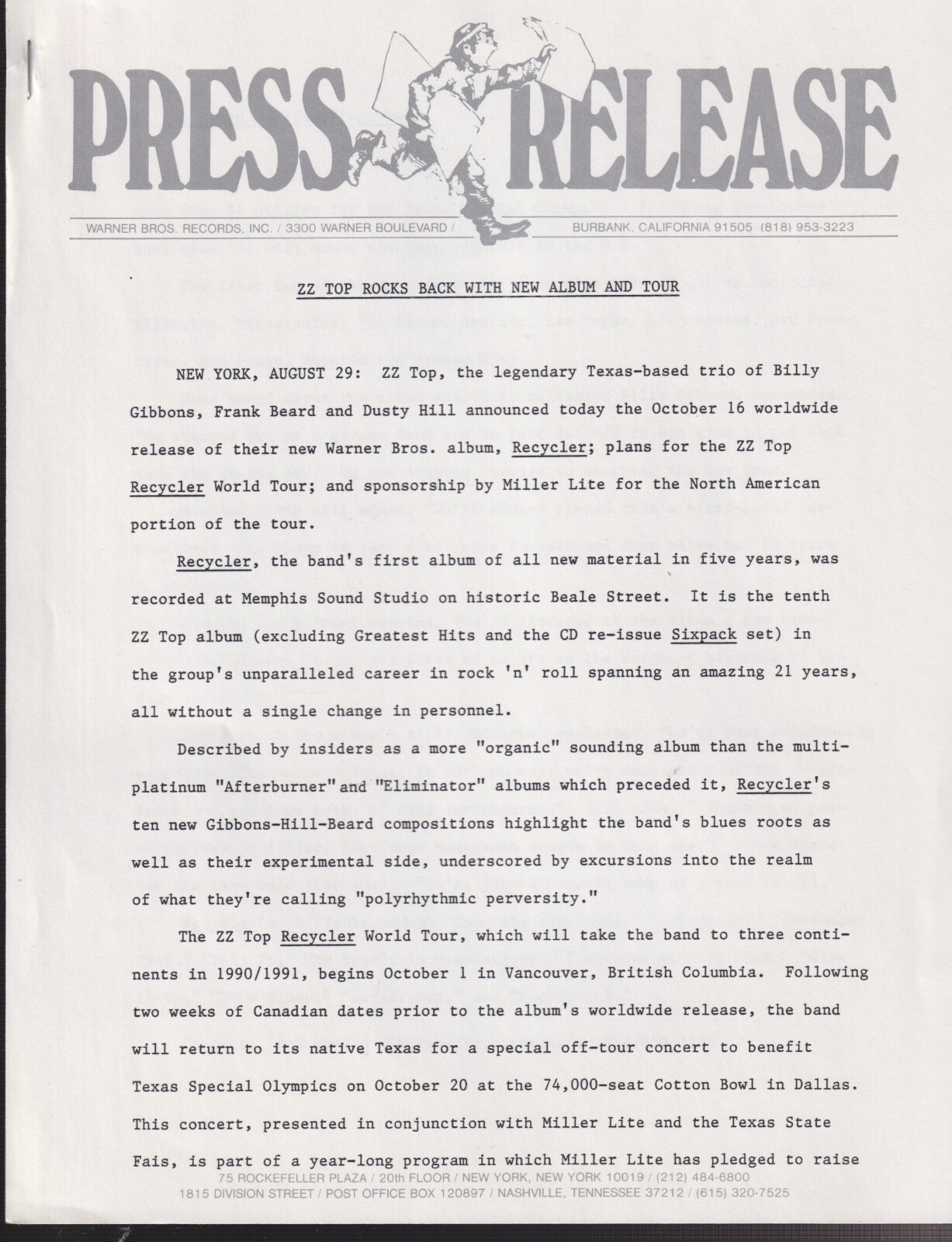 jerry Garcia   press release for live double album & tour dates 1991