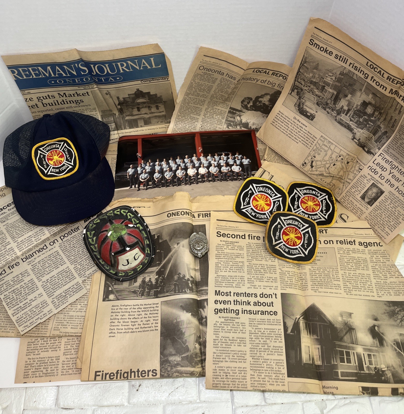 VTG Oneonta New York Fire Department Lot of Badger, Newspaper, Hat, Patches, Pic