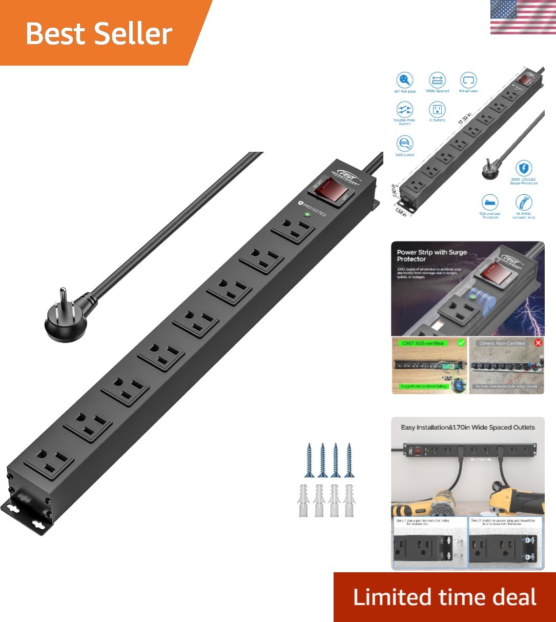 Versatile 8 Outlet Heavy Duty Power Strip - 6FT Cord, Mountable, Durable Design