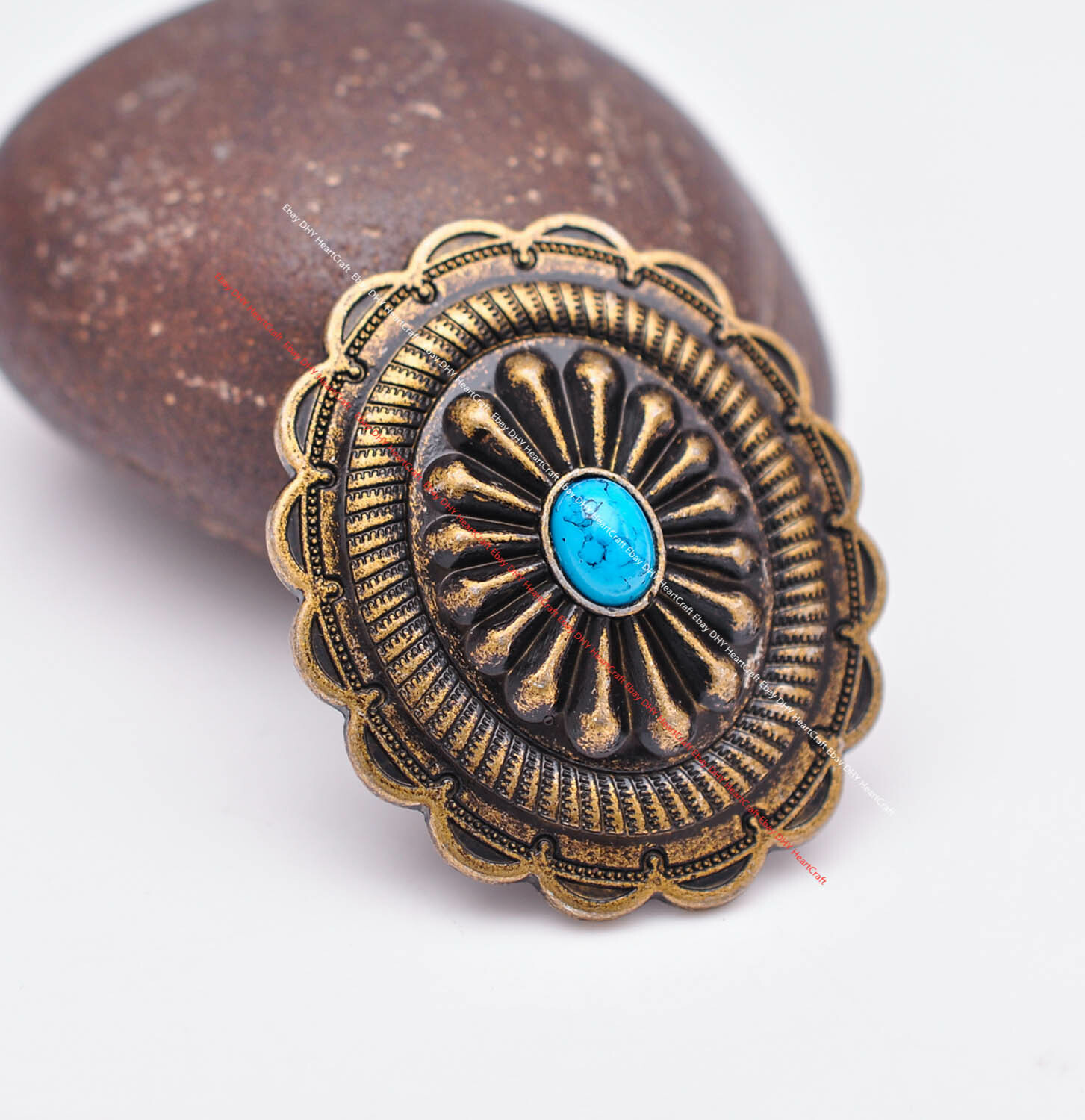 6X Brass Western Floral Turquoise Bead Leathercraft Belt Bridle Concho 44*38MM