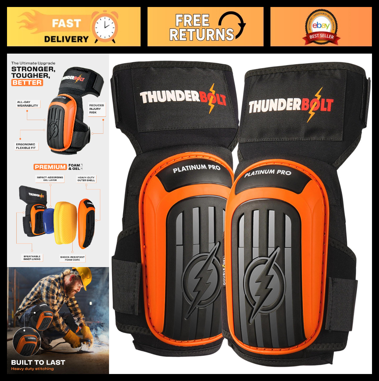 Heavy Duty Knee Pads for Work - Double Gel, Extra Thick Foam, Non-Slip Straps, M