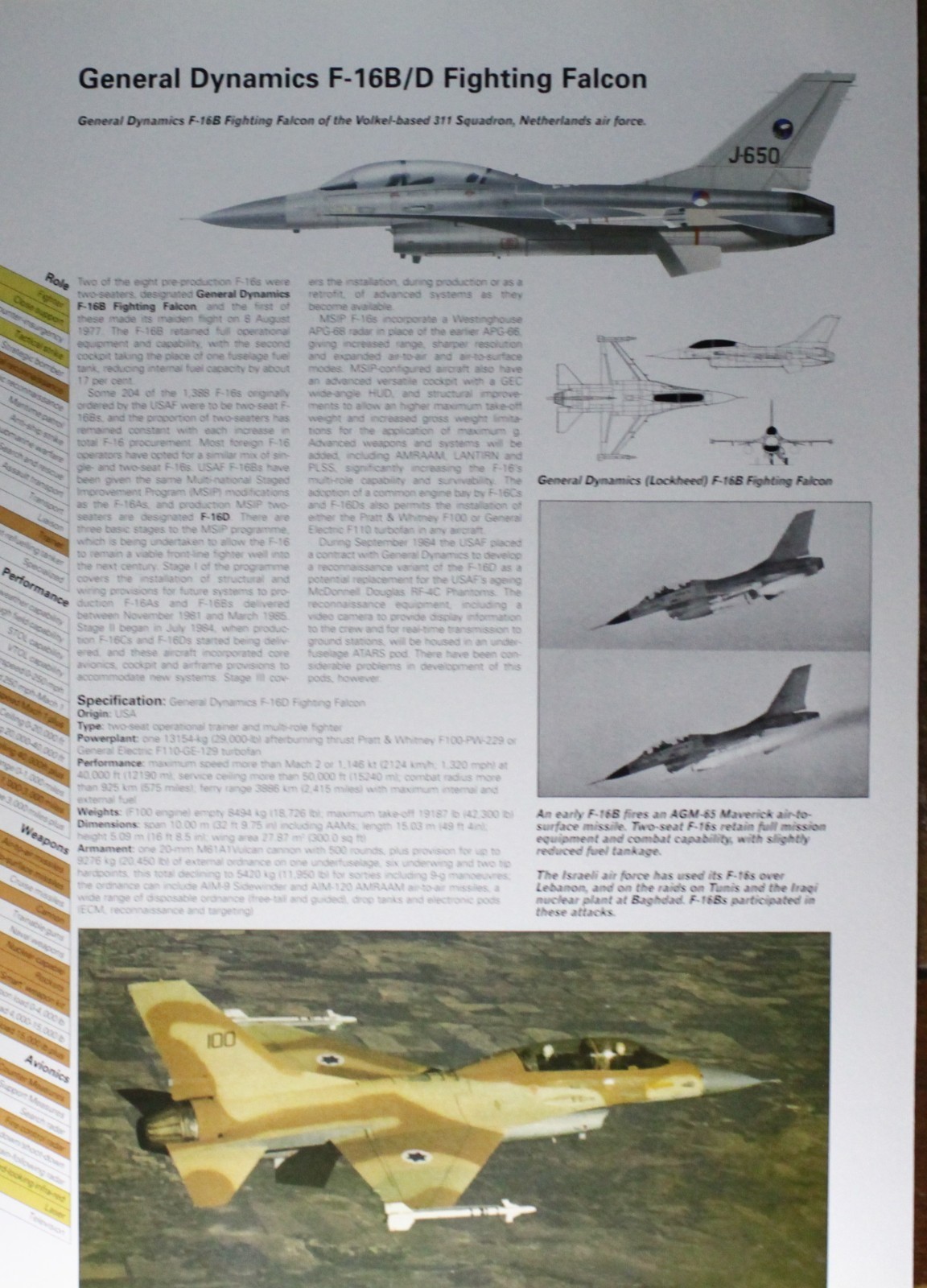 General Dynamics F-16 F 16 F16 Plane Picture Vtg Aircraft Info Sheet Wall Art