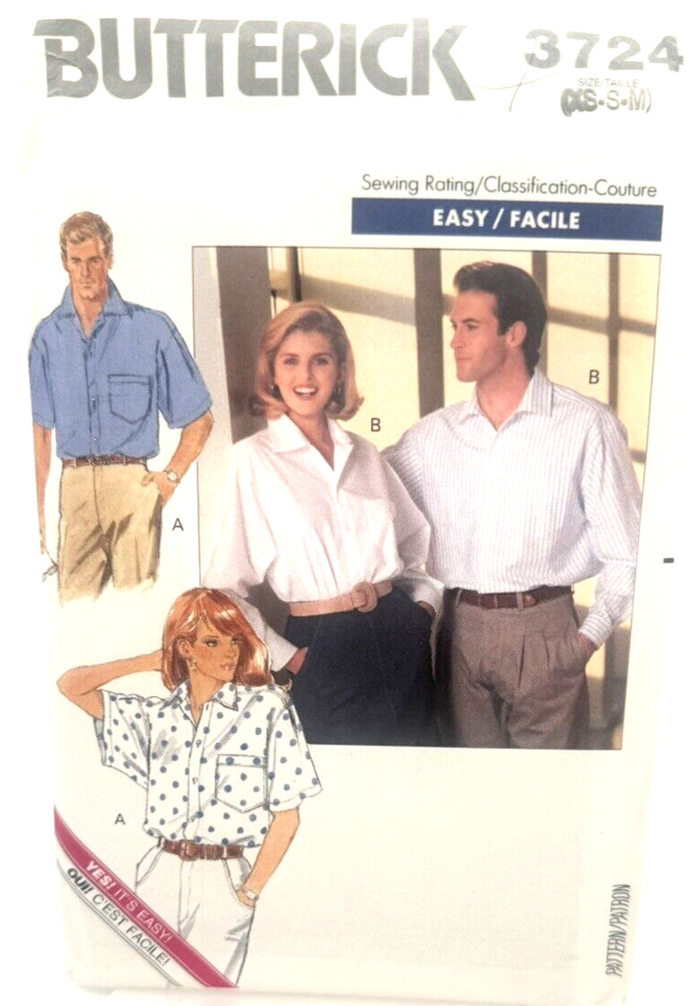 Butterick Pattern #3724 Unisex Shirt - (Sizes XS, S & M)