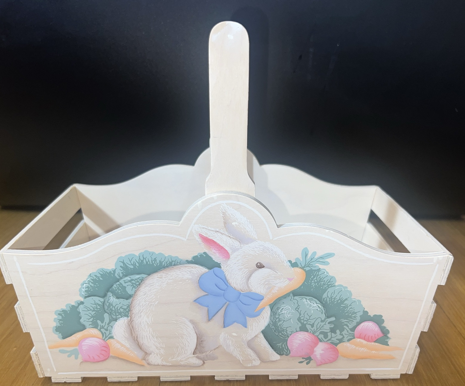Vintage Handcrafted Wooden Easter Bunny Basket  Rustic Easter Spring Decor