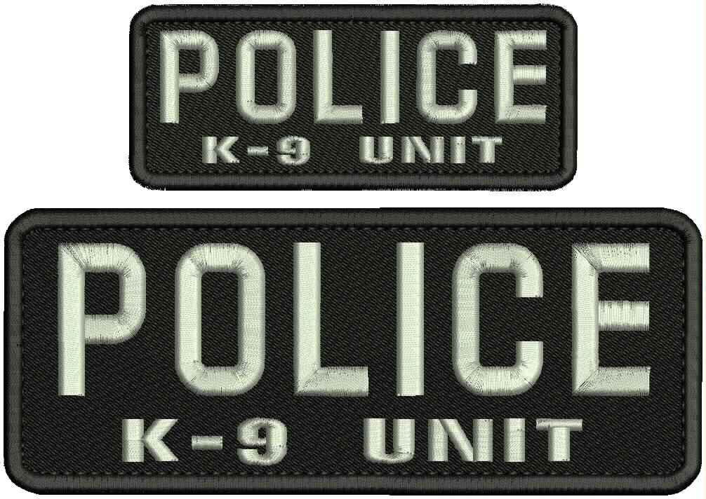 POLICE K-9 U EMB PATCH 3X8 AND 2X5 HOOK ON BACK SILVER ON BLACK
