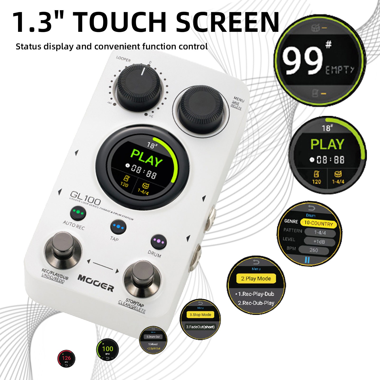 Loop Guitar Pedal Drum Machine Effect Pedal Auto Record 300 Mins w/Touch Screen