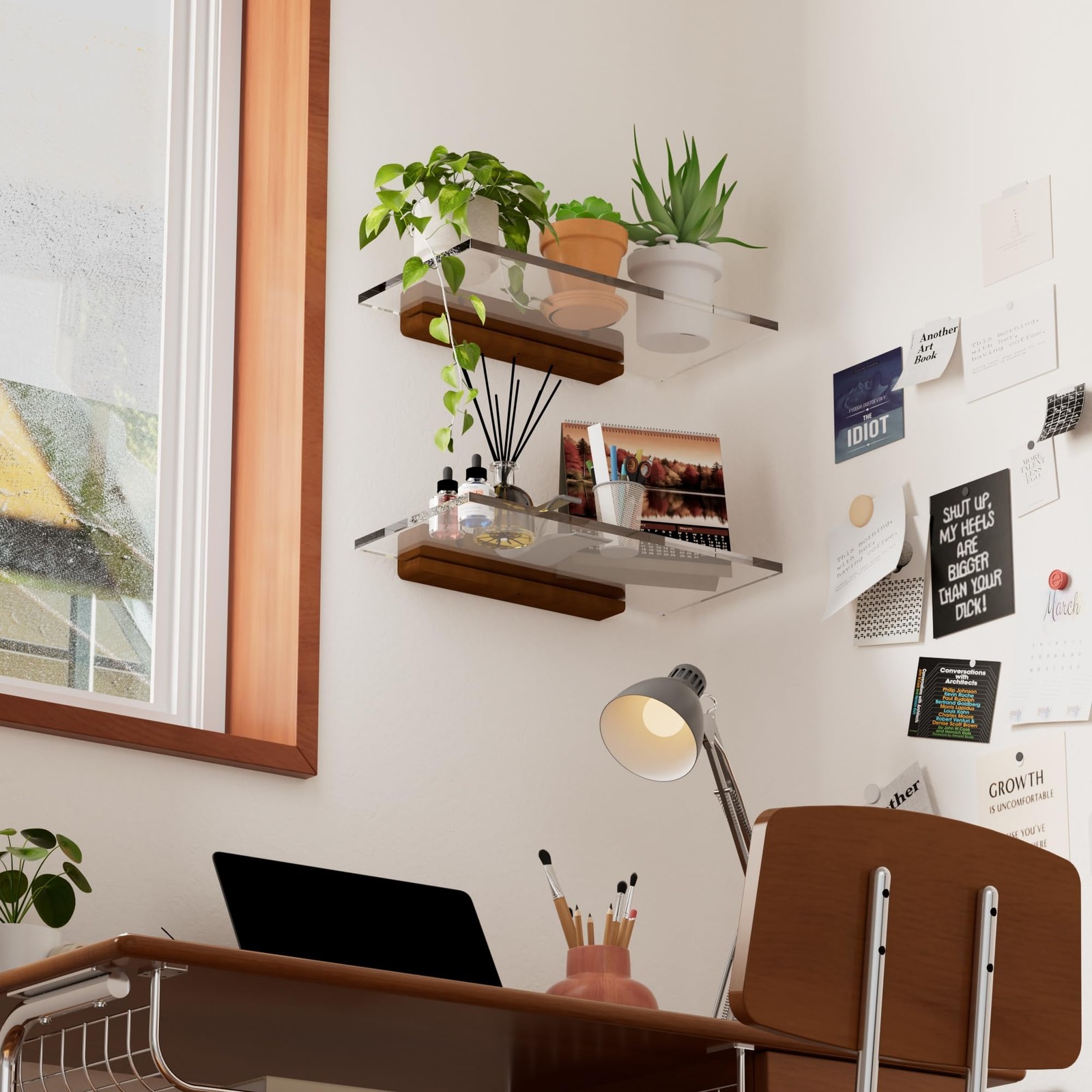 Acrylic Floating Shelves with Solid Wood Base, Wall Mounted Shelf for Plants,...