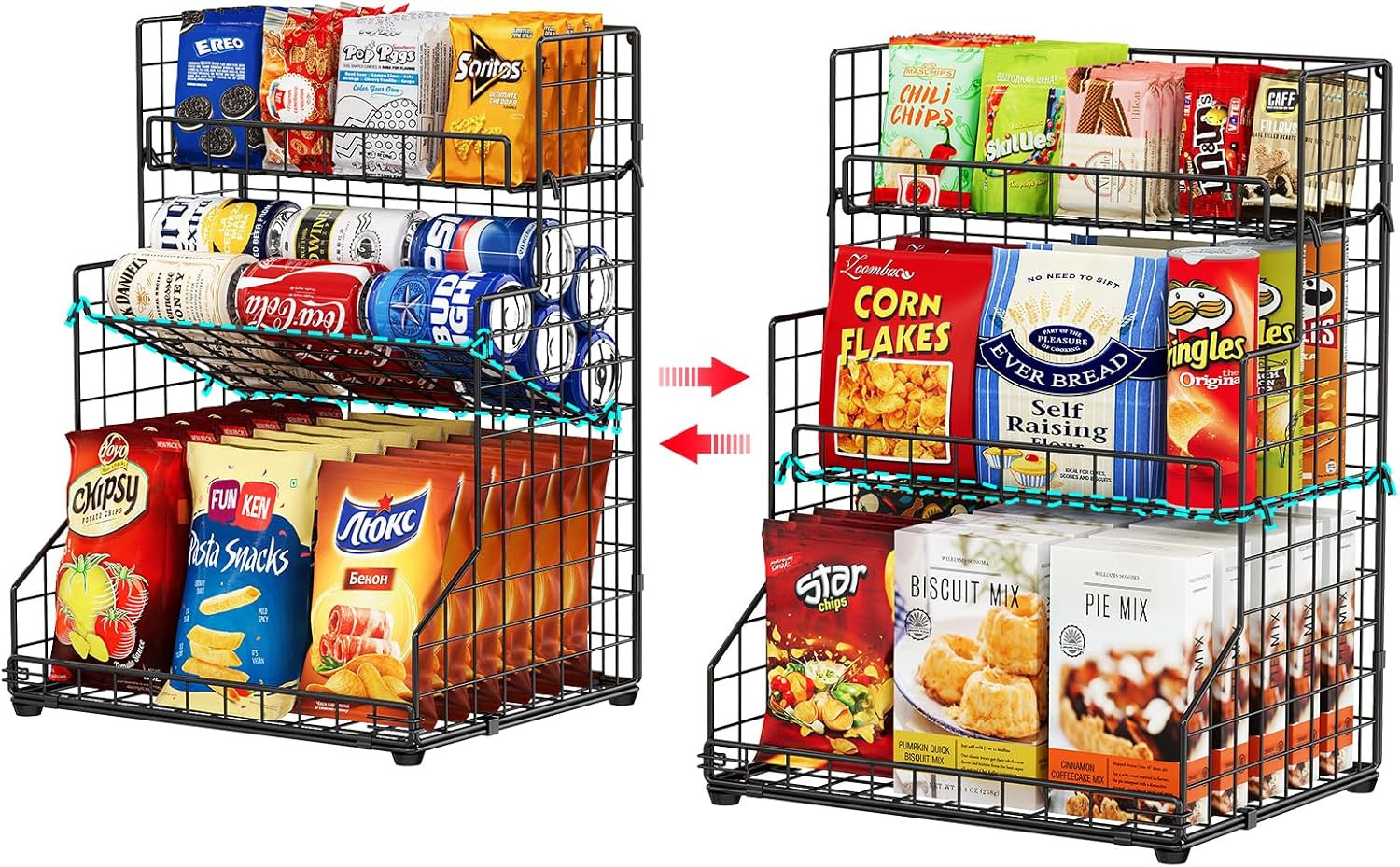 3-Tier Snack Organizer Rack Bins with Adjustable Tilting Design for Pantry Stora