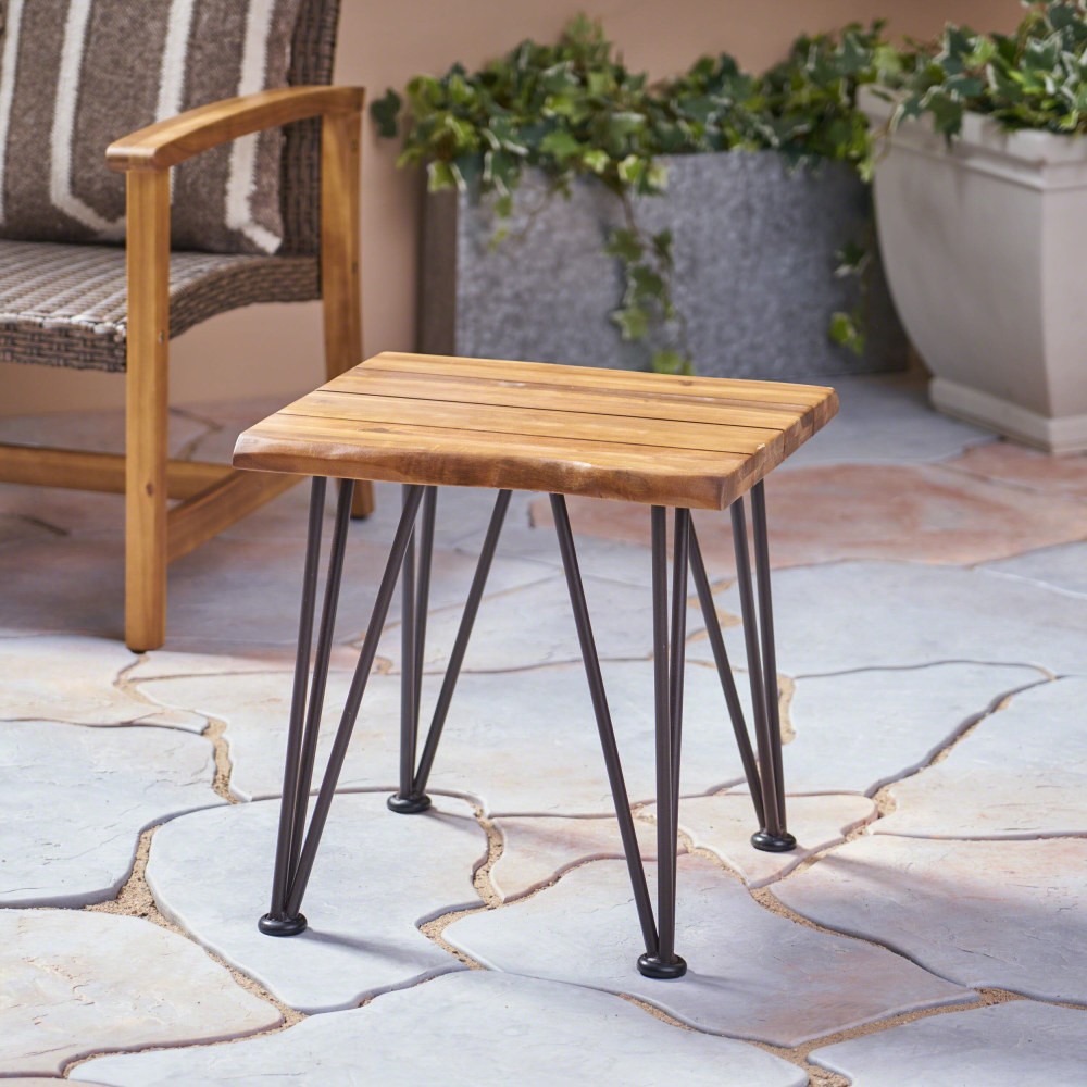 Rustic Acacia Wood Side Table with Iron Legs, Outdoor Patio Backyard