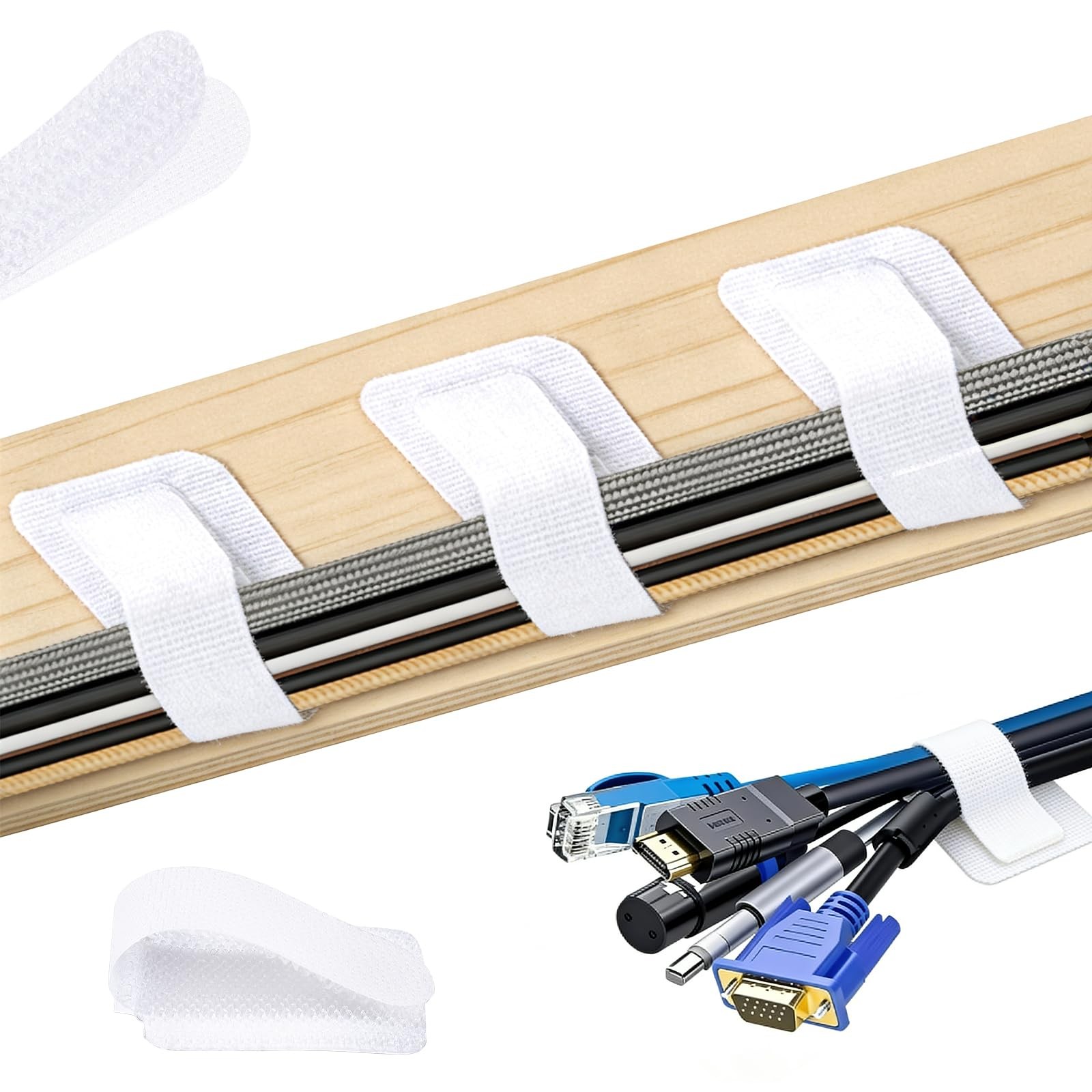 100 Pcs Hook and Loop Cable Ties, Self Adhesive Cable Management Desktop Cabl...