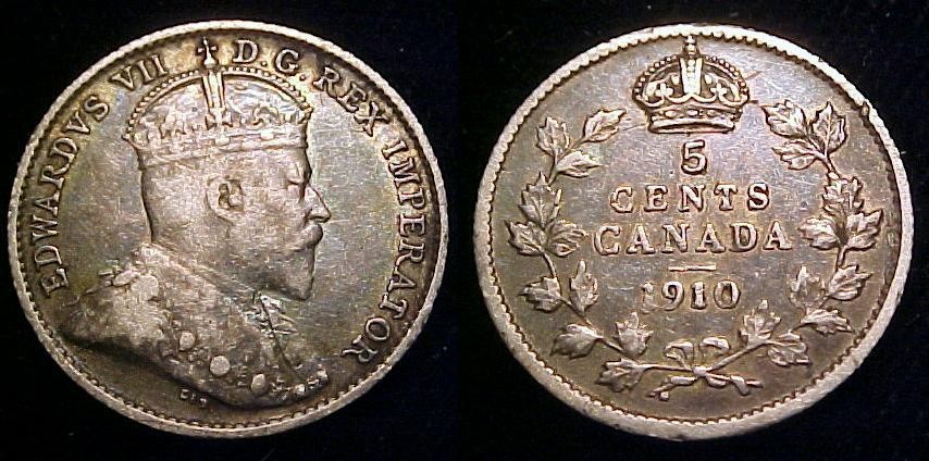 CANADA 1910 Silver Five Cents F+